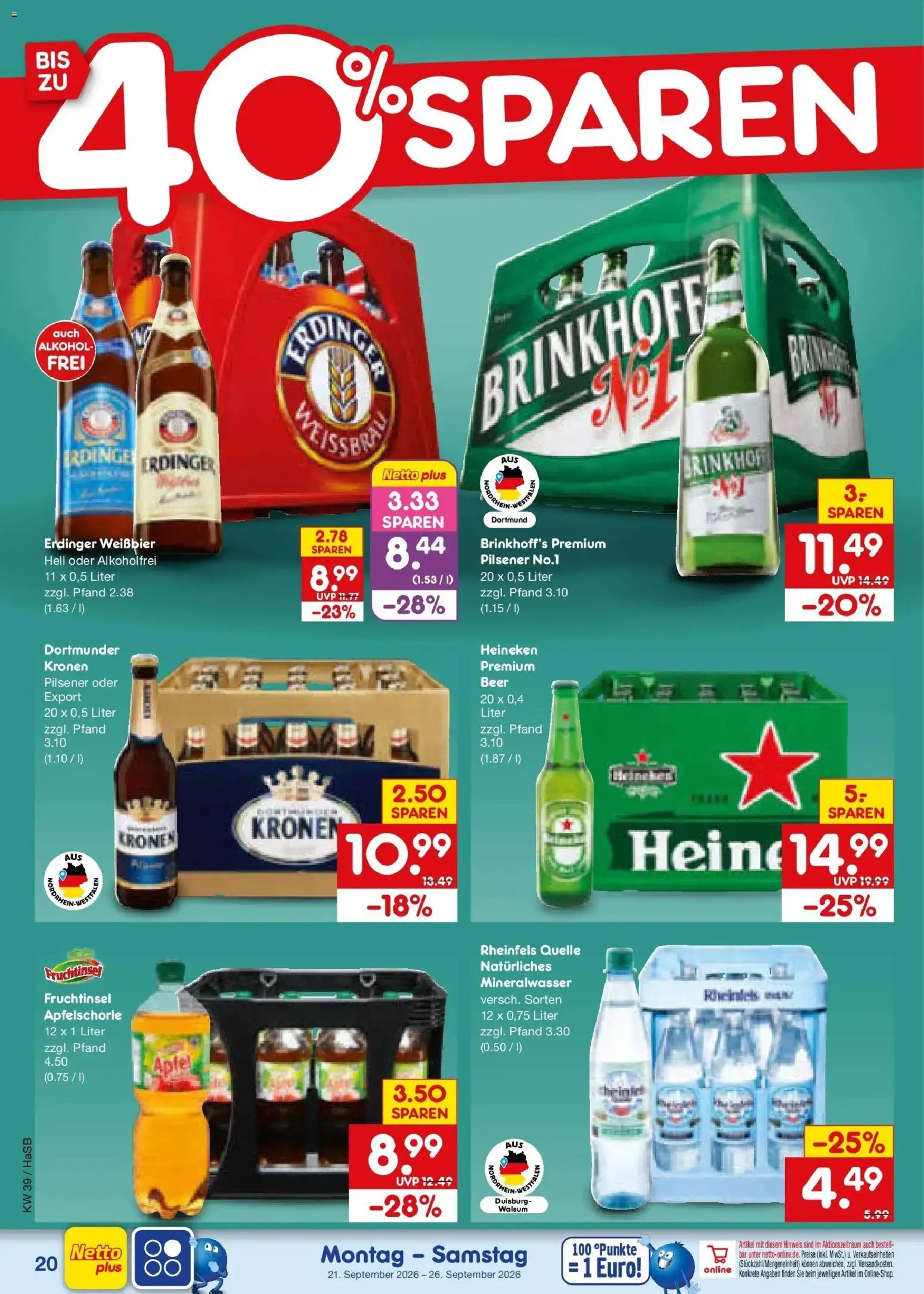 Netto Marken-Discount Prospekt Unna – gültig ab 21.09.2026 | Seite: 28 | Produkte: Äpfel, Mineralwasser, Heineken, Rheinfels quelle