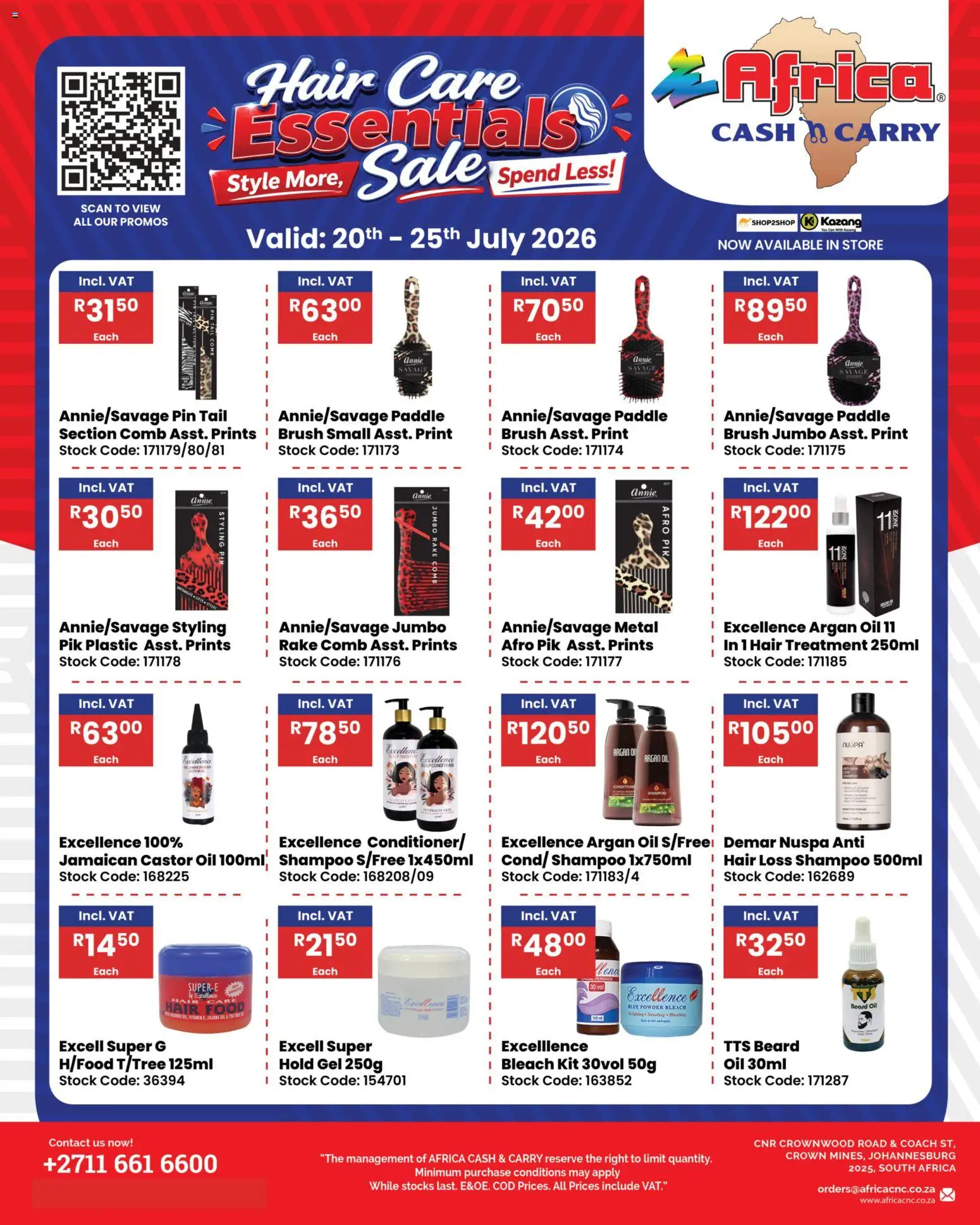 New Africa Cash & Carry catalogue – valid from 20/07/2026 | Page: 1 | Products: Oil, Brush, Shampoo, Conditioner