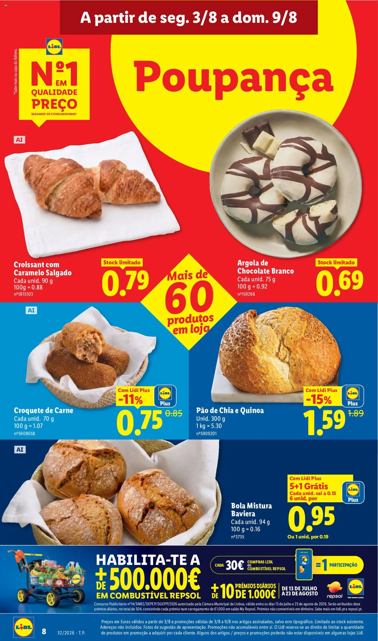 Lidl folheto │ válido de 03/08/2026 | Página: 8 | Produtos: Quinoa, Pão, Chocolate, Carne