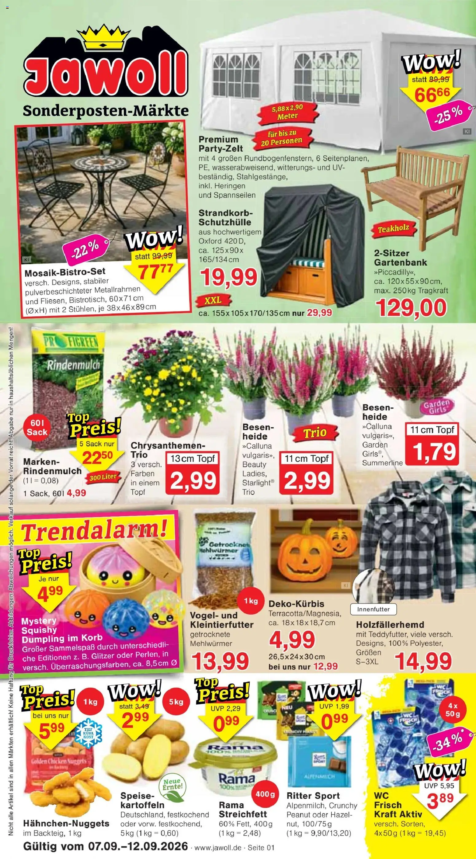 Jawoll Prospekt – gültig ab 07.09.2026 | Seite: 1 | Produkte: Rindenmulch, Rama, Ritter sport, Kartoffeln