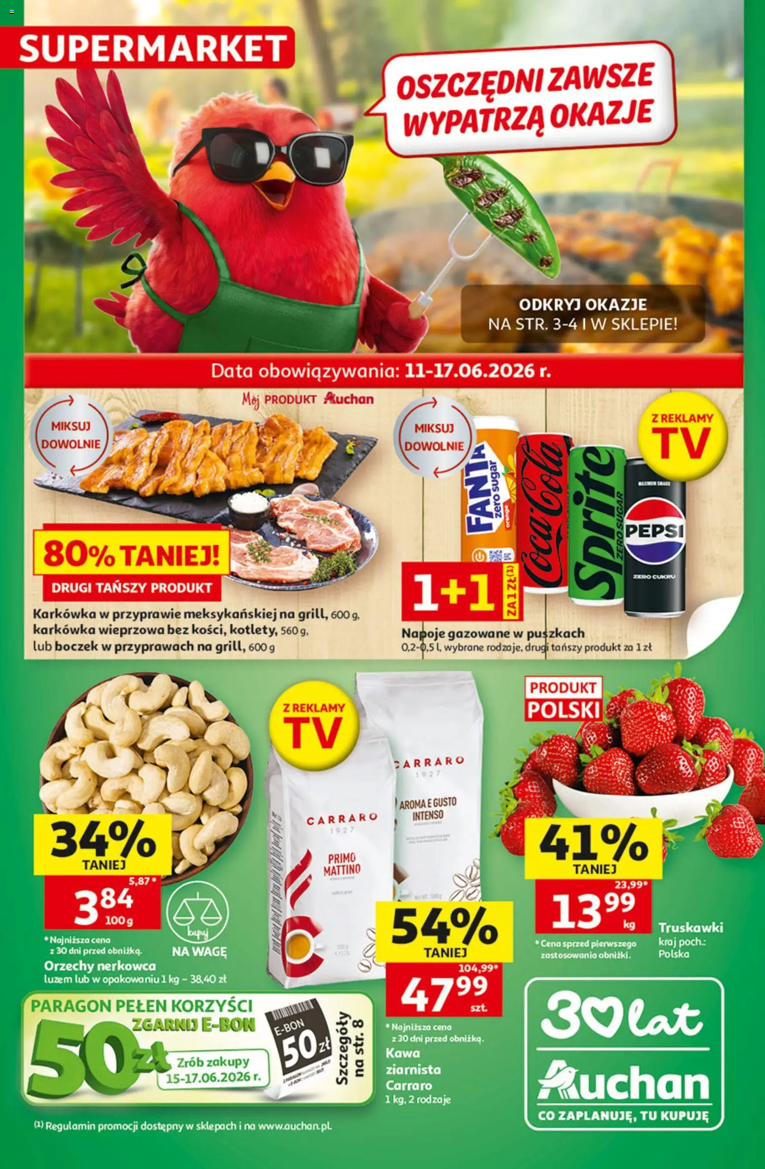 Auchan gazetka od 11.06.2026 | Strona: 1 | Produkty: Napoje, Pepsi, Boczek, Truskawki