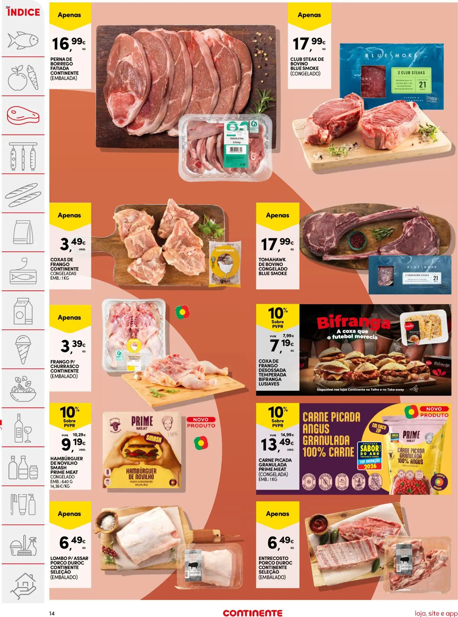 Continente folheto │ válido de 11/08/2026 | Página: 14 | Produtos: Frango, Hambúrguer, Carne picada, Lombo