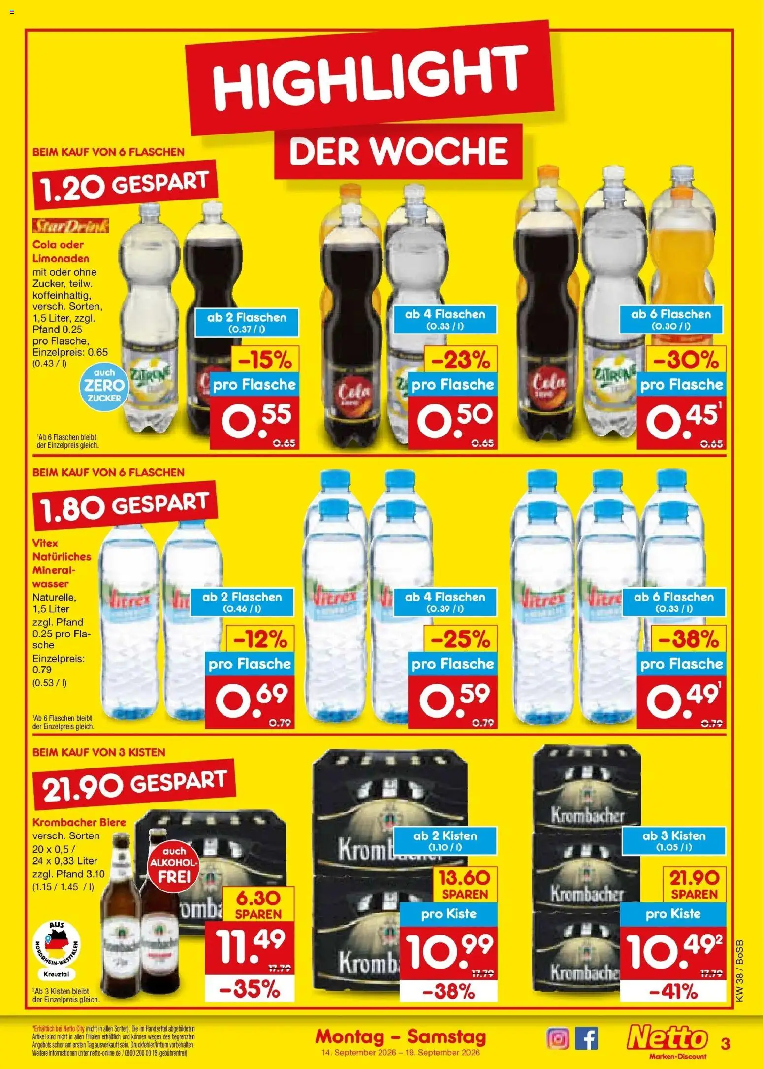 Netto Marken-Discount Prospekt Bochum – gültig ab 14.09.2026 | Seite: 3 | Produkte: Cola, Wasser, Zitrone, Krombacher