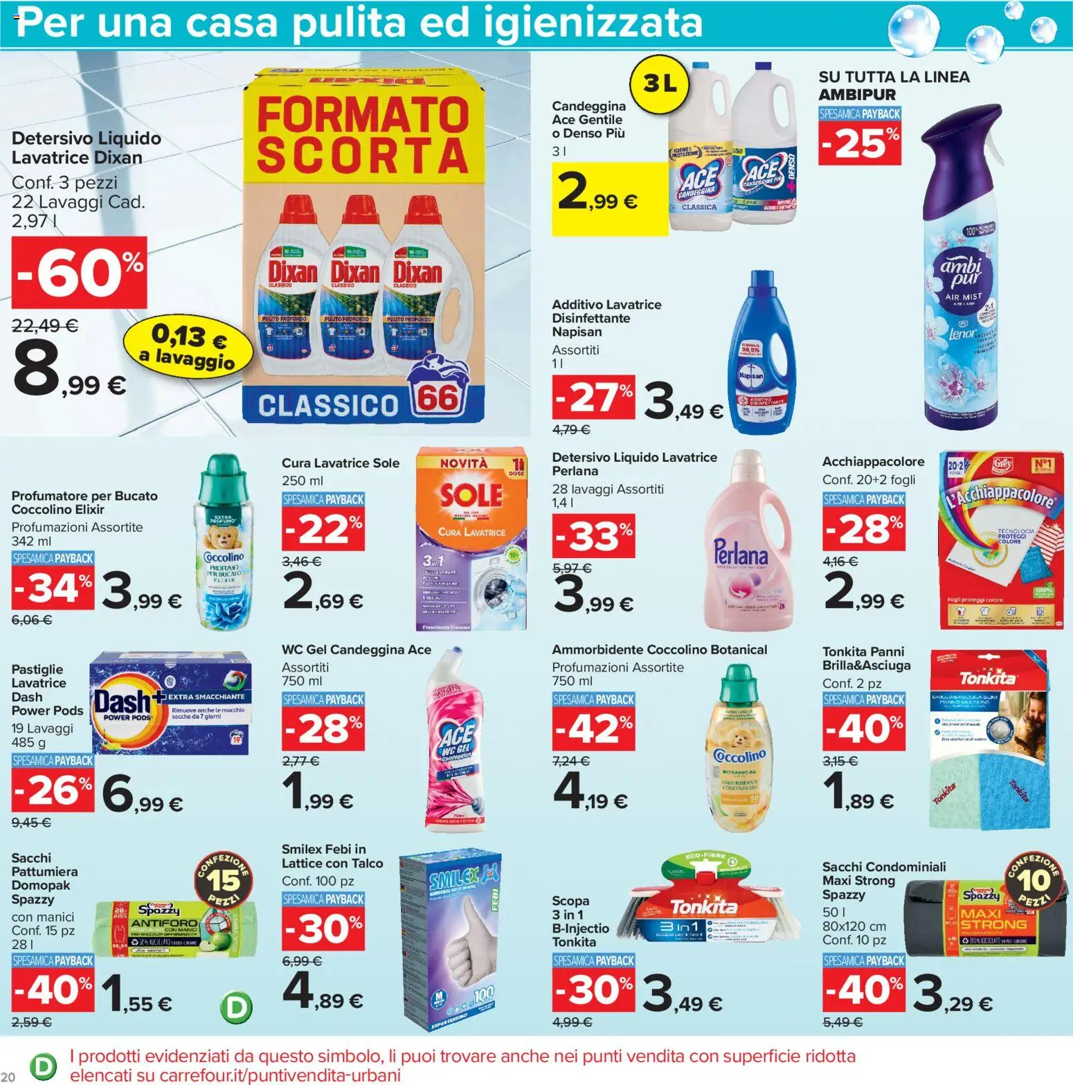 Volantino Carrefour del 23/10/2026 | Pagina: 20 | Prodotti: Talco, Lavatrice, Panni, WC