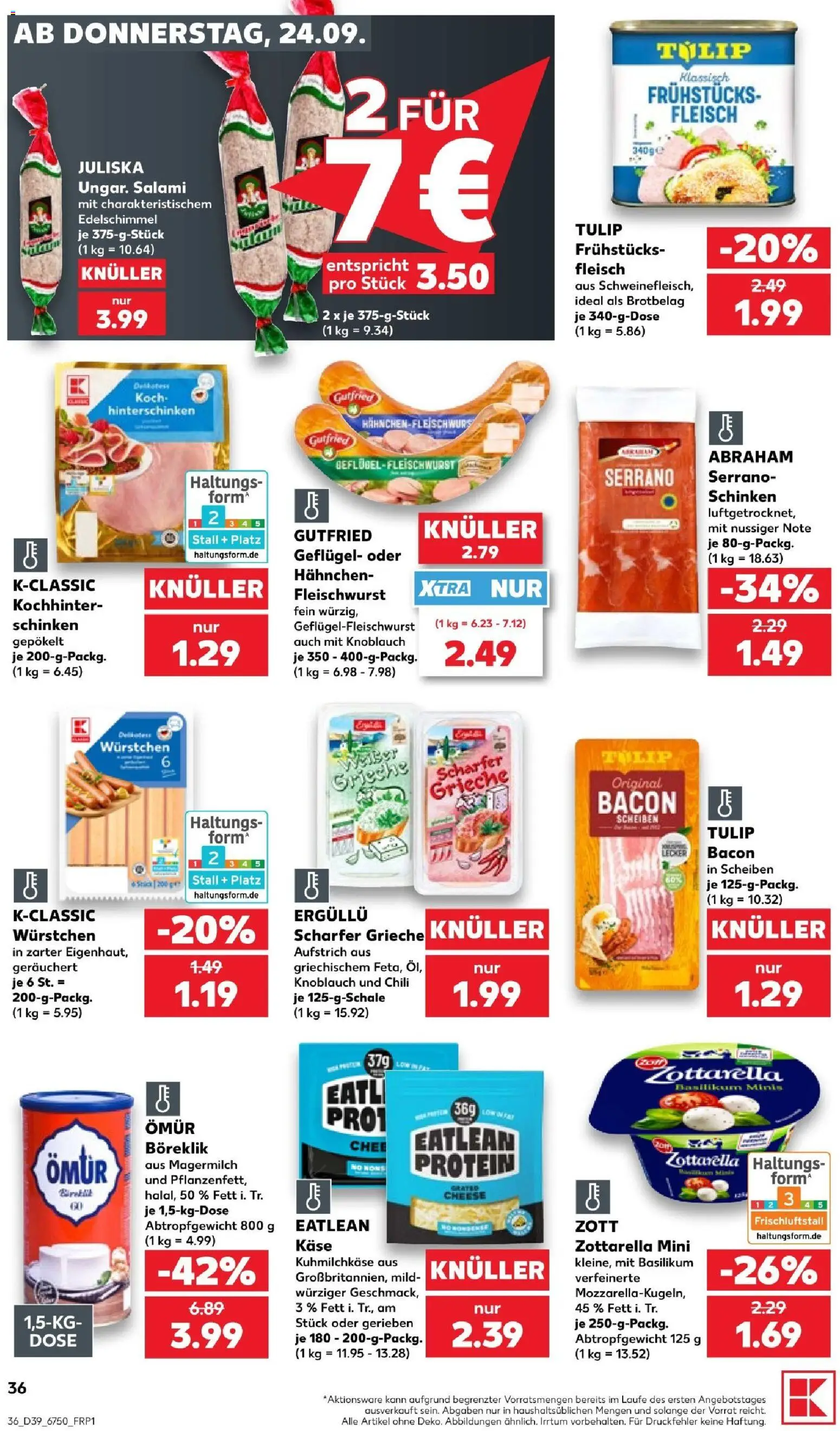 Kaufland Prospekt Potsdam – gültig ab 24.09.2026 | Seite: 36 | Produkte: Hahnchen, Salami, Schinken, Fleisch