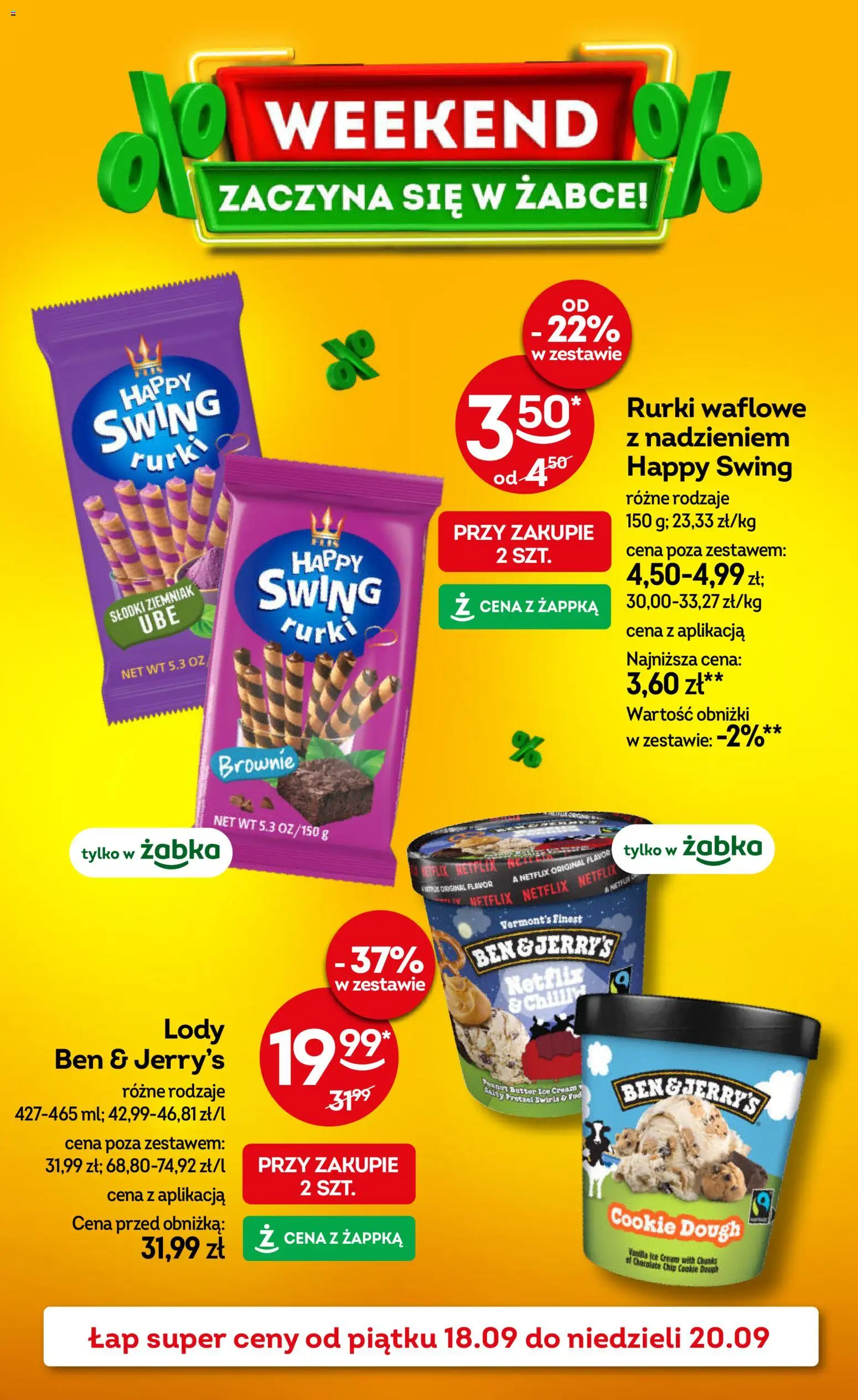Żabka gazetka - Weekendowe promocje od 18.09.2026 | Strona: 1 | Produkty: Lody Ben & Jerry’s, Brownie, Rurki waflowe, Lody