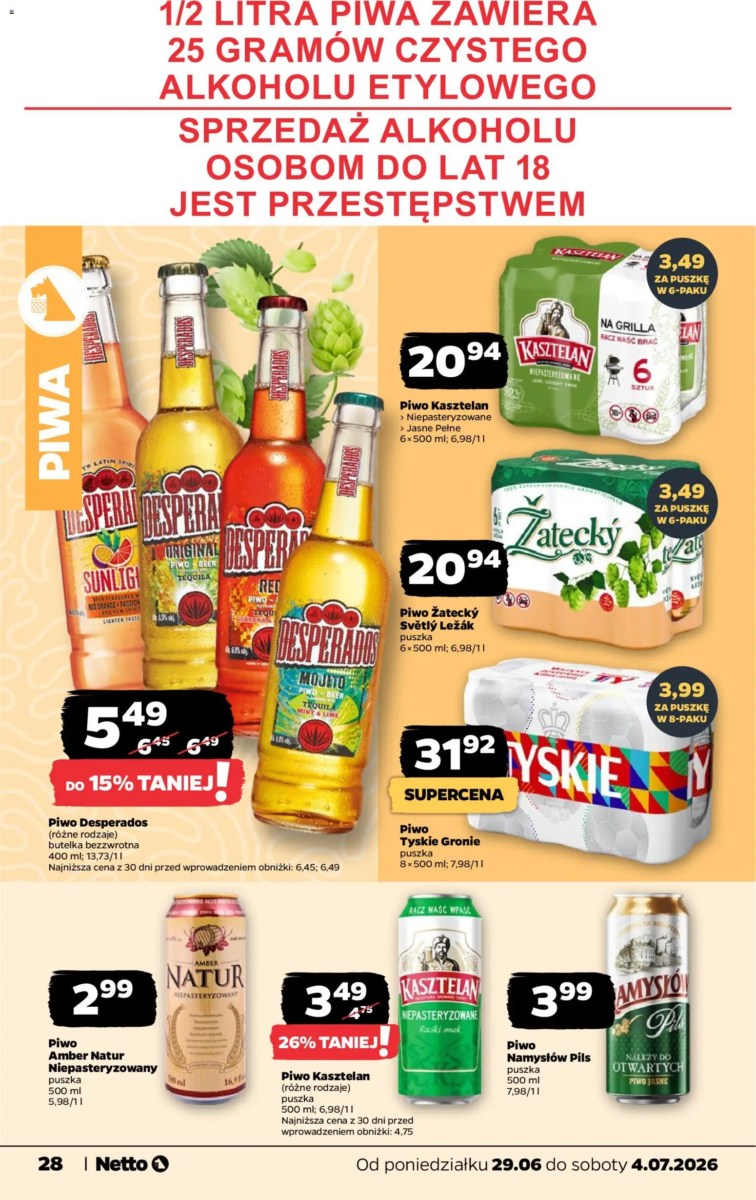 Netto gazetka od poniedziałku spożywcza od 29.06.2026 | Strona: 28 | Produkty: Leżak, Piwo Desperados, Piwo, Piwo Namysłów