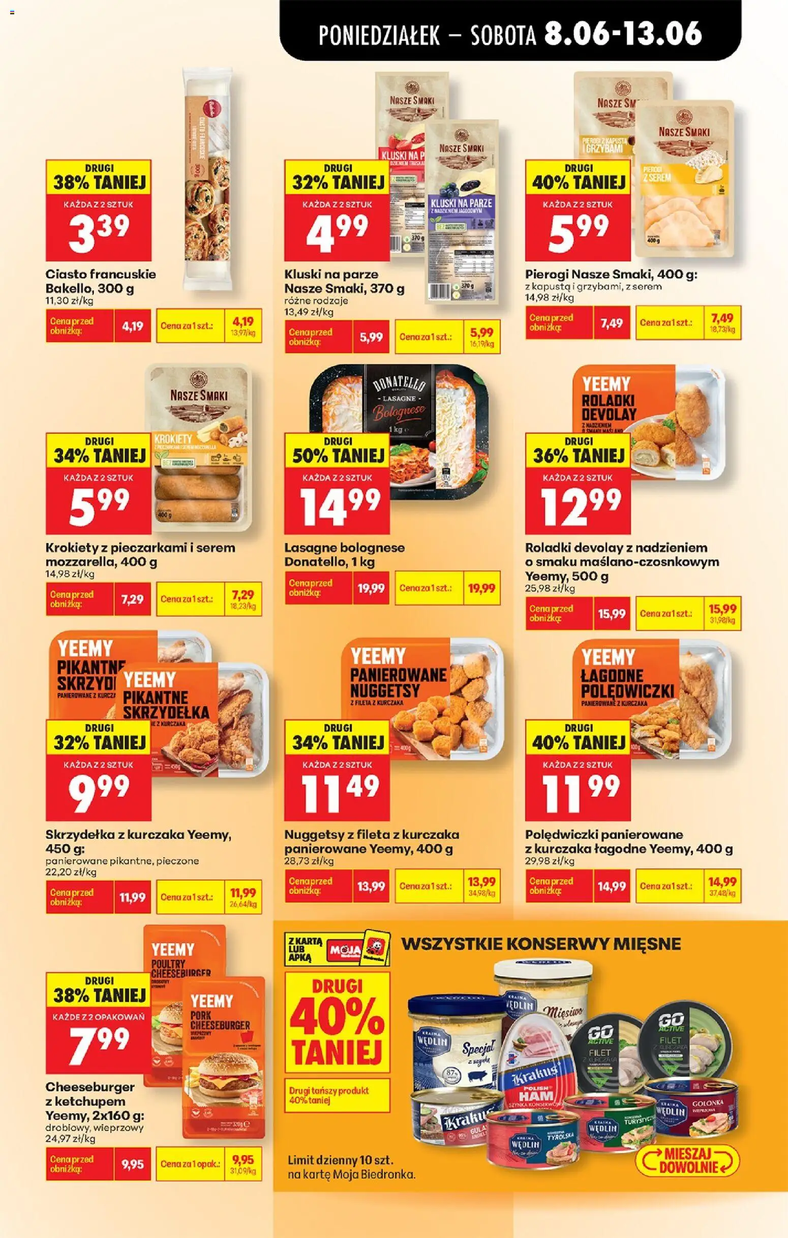 Biedronka gazetka od poniedziałku od 08.06.2026 | Strona: 49 | Produkty: Krokiety z pieczarkami i serem mozzarella, Krokiety, Szynka, Cheeseburger