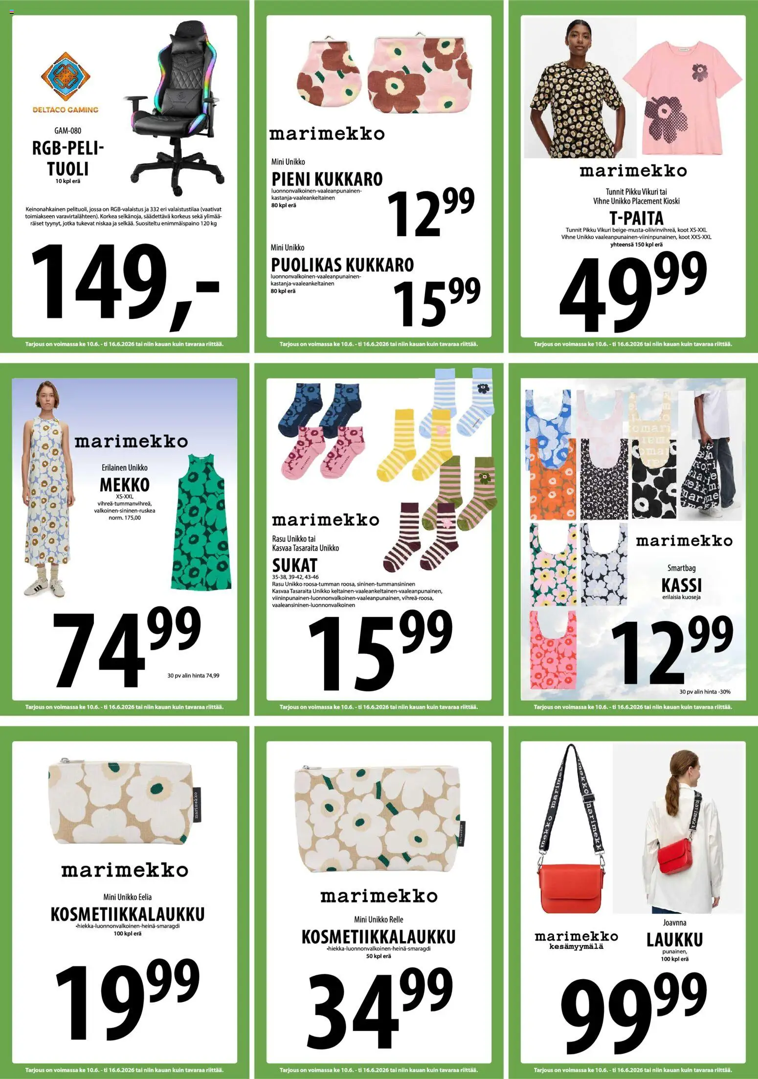 Tuuri tarjoukset – voimassa 10.06.2026 alkaen | Sivu: 12 | Tuotteet: Tuoli, Sukat, Kukkaro, Mekko