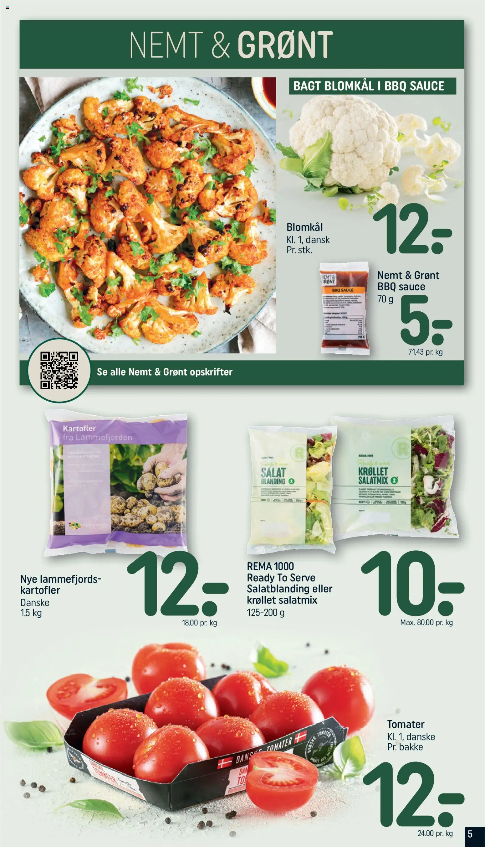 Rema 1000 tilbudsavis – gyldig fra 26/07/2026 | Side: 5 | Produkter: Tomater, Salat, Kartofler, Blomkål