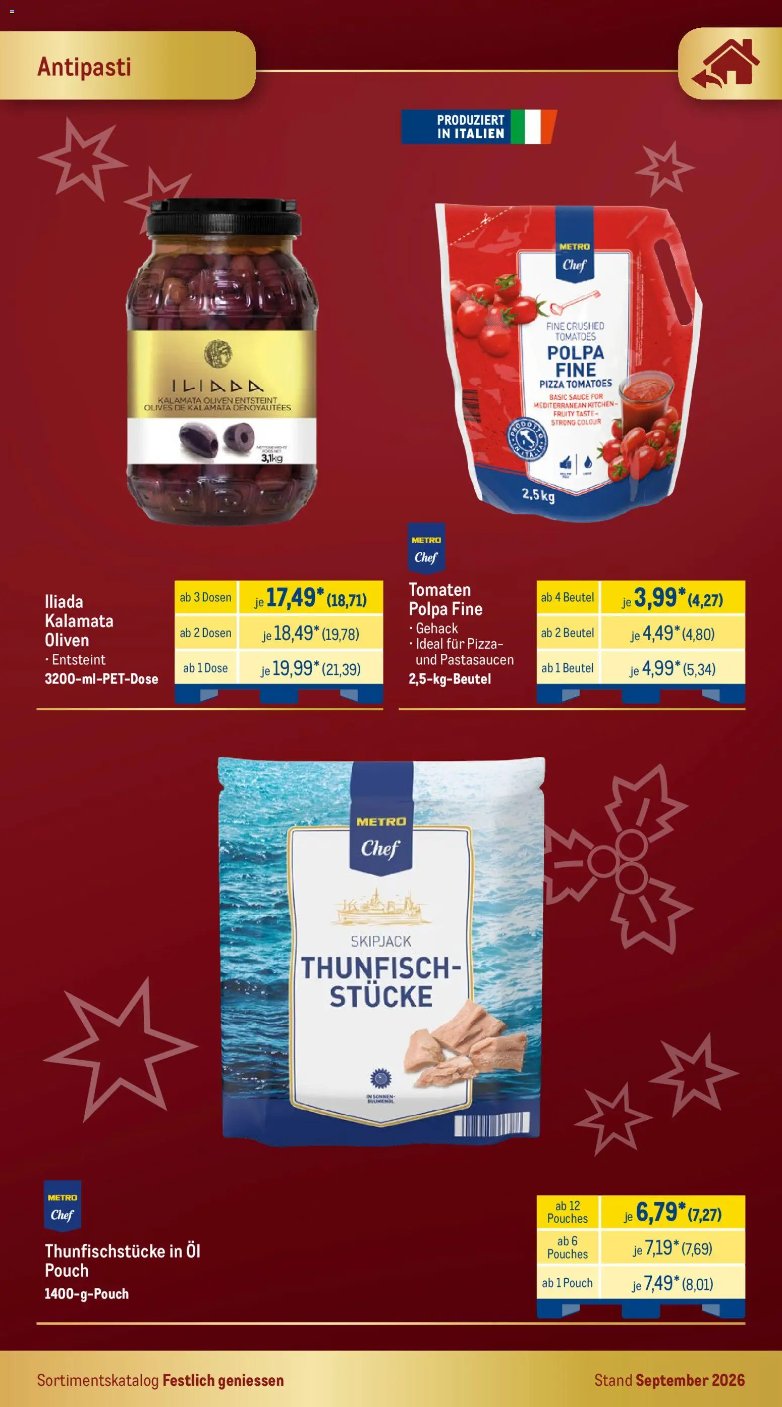 Metro Festlich Geniessen – gültig ab 01.09.2026 | Seite: 26 | Produkte: Öl, Thunfisch, Tomaten, Pizza