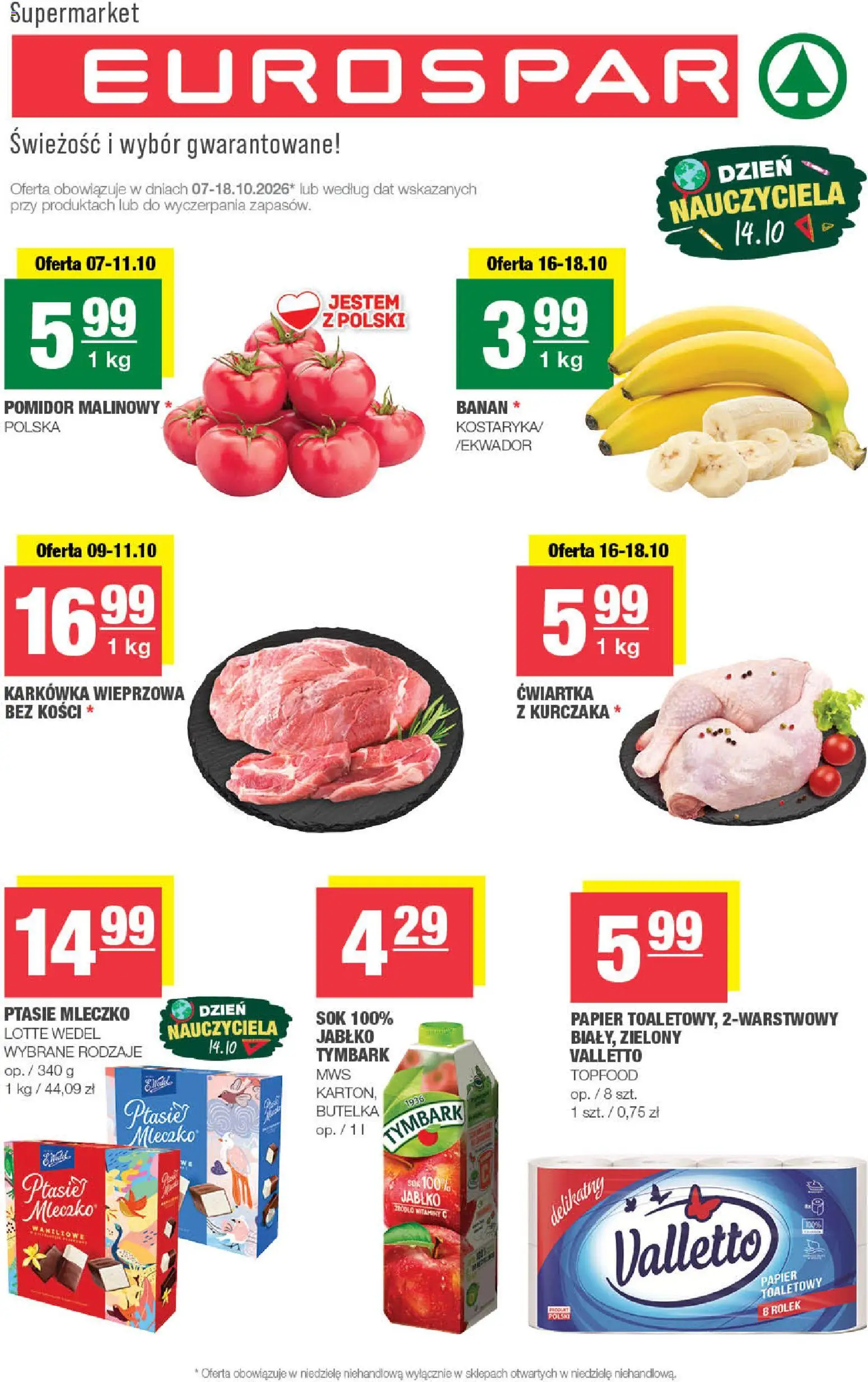 Spar gazetka - Eurospar od 07.10.2026 | Strona: 1 | Produkty: Tymbark, Sok, Banan, Ćwiartka z kurczaka