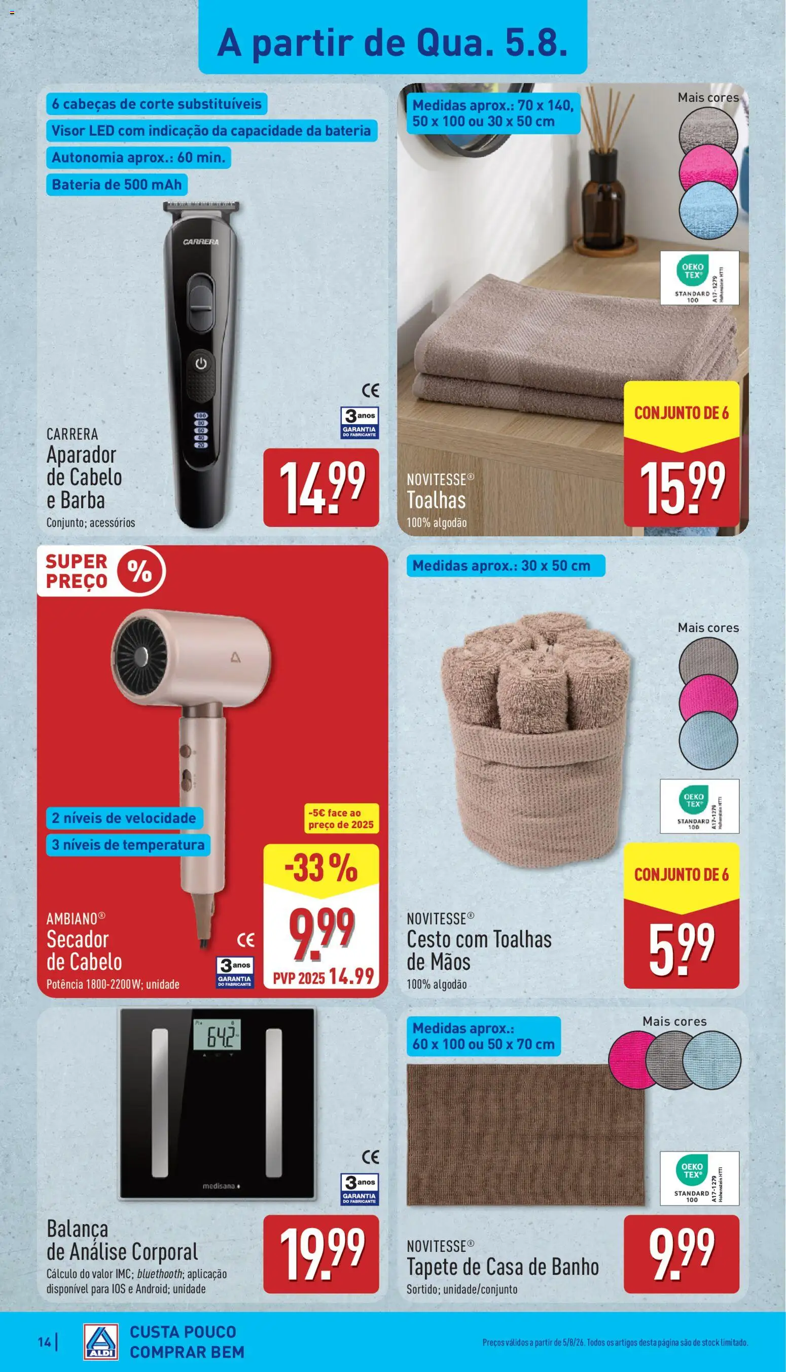 Aldi folheto │ válido de 03/08/2026 | Página: 14 | Produtos: Algodão, Aparador, Casa de banho, Bateria