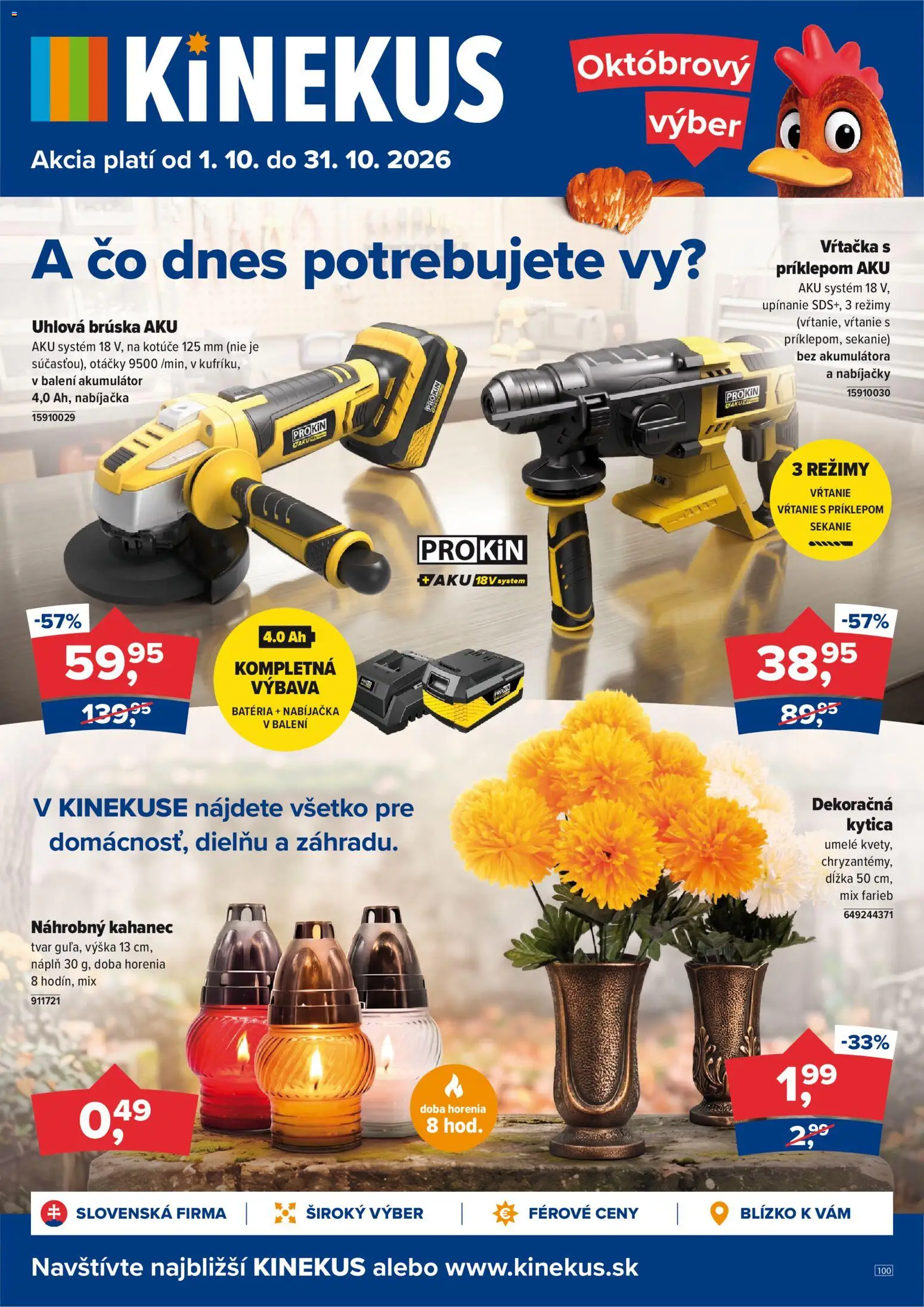 Nové Kinekus akcie – leták je platný od 01.10.2026 | Strana: 1 | Produkty: Uhlová brúska, Nabíjačka, Aku, Akumulátor