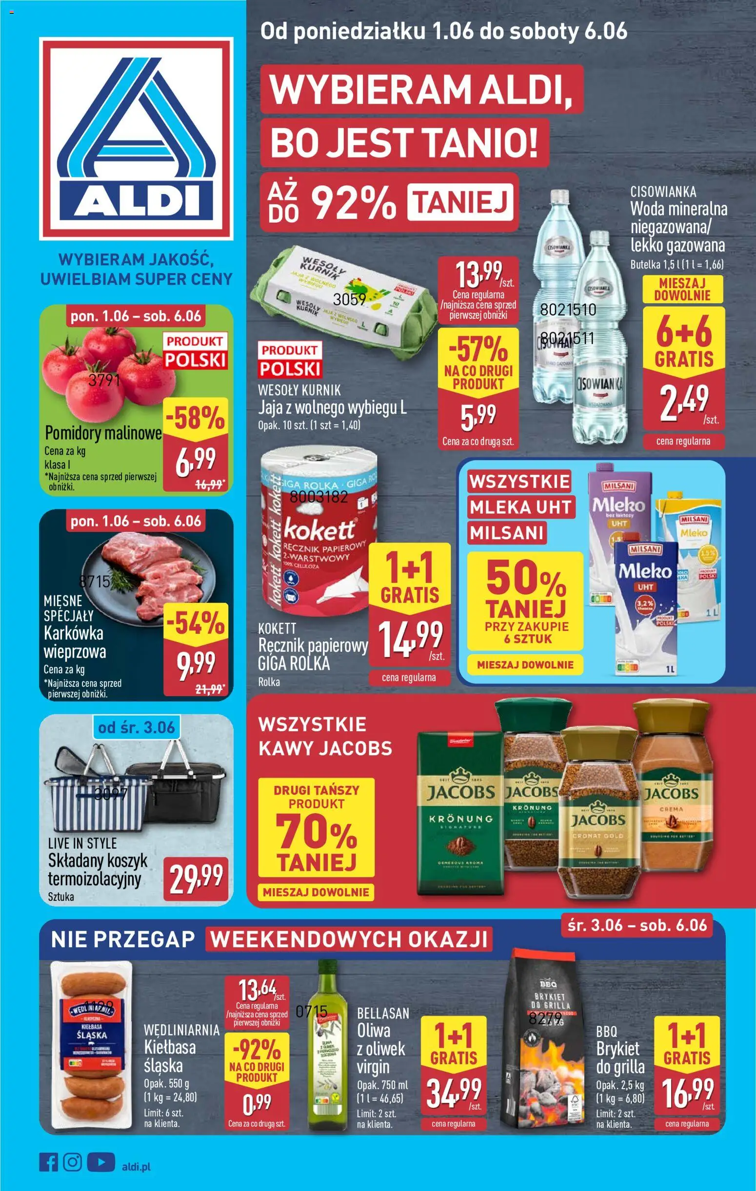 Aldi gazetka od 01.06.2026 | Strona: 1 | Produkty: Mleka, Mleko, Pomidory, Woda