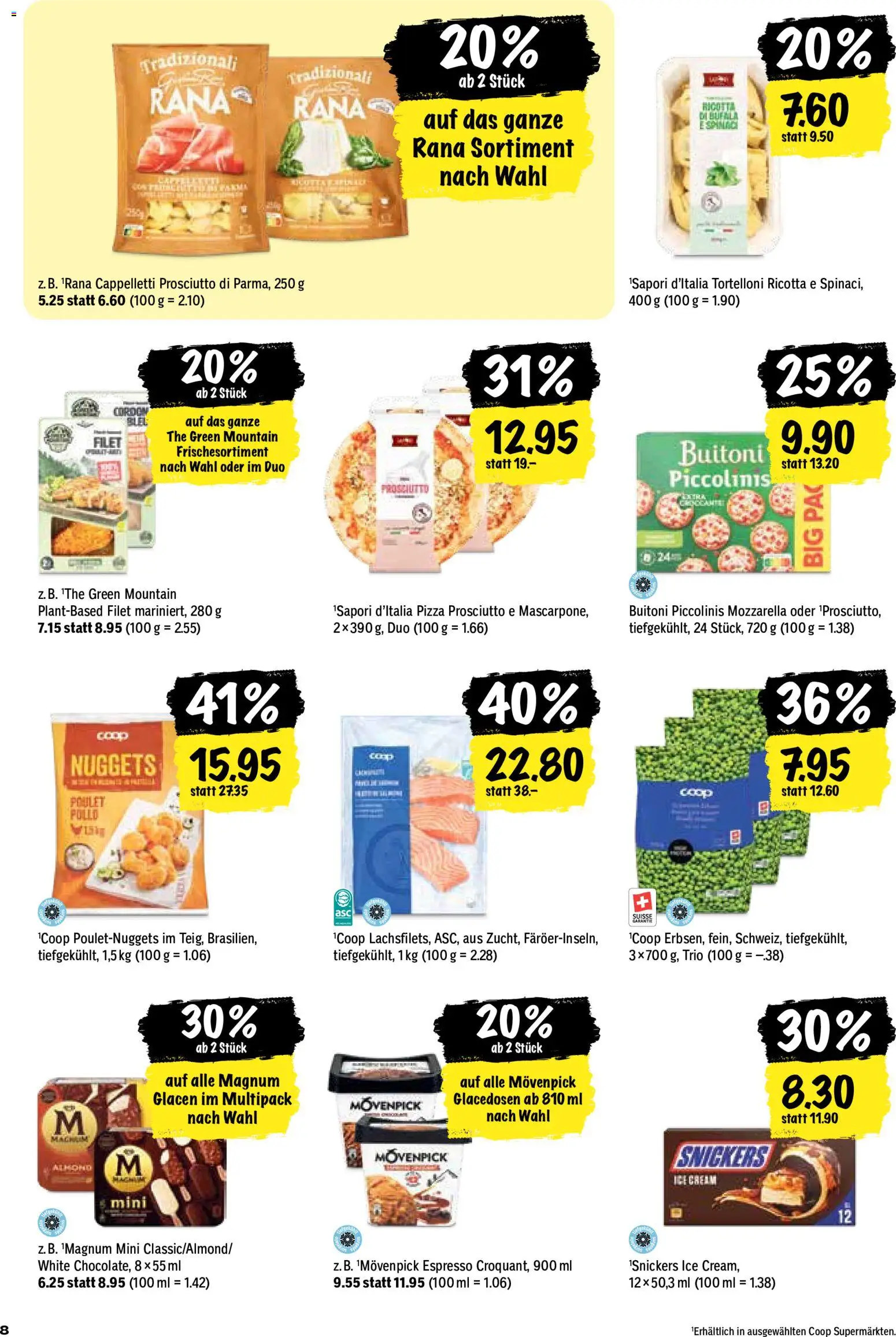 Coop aktionen – gültig ab 20.08.2026 | Seite: 8 | Produkte: Snickers, Pizza, Pasta, Ricotta