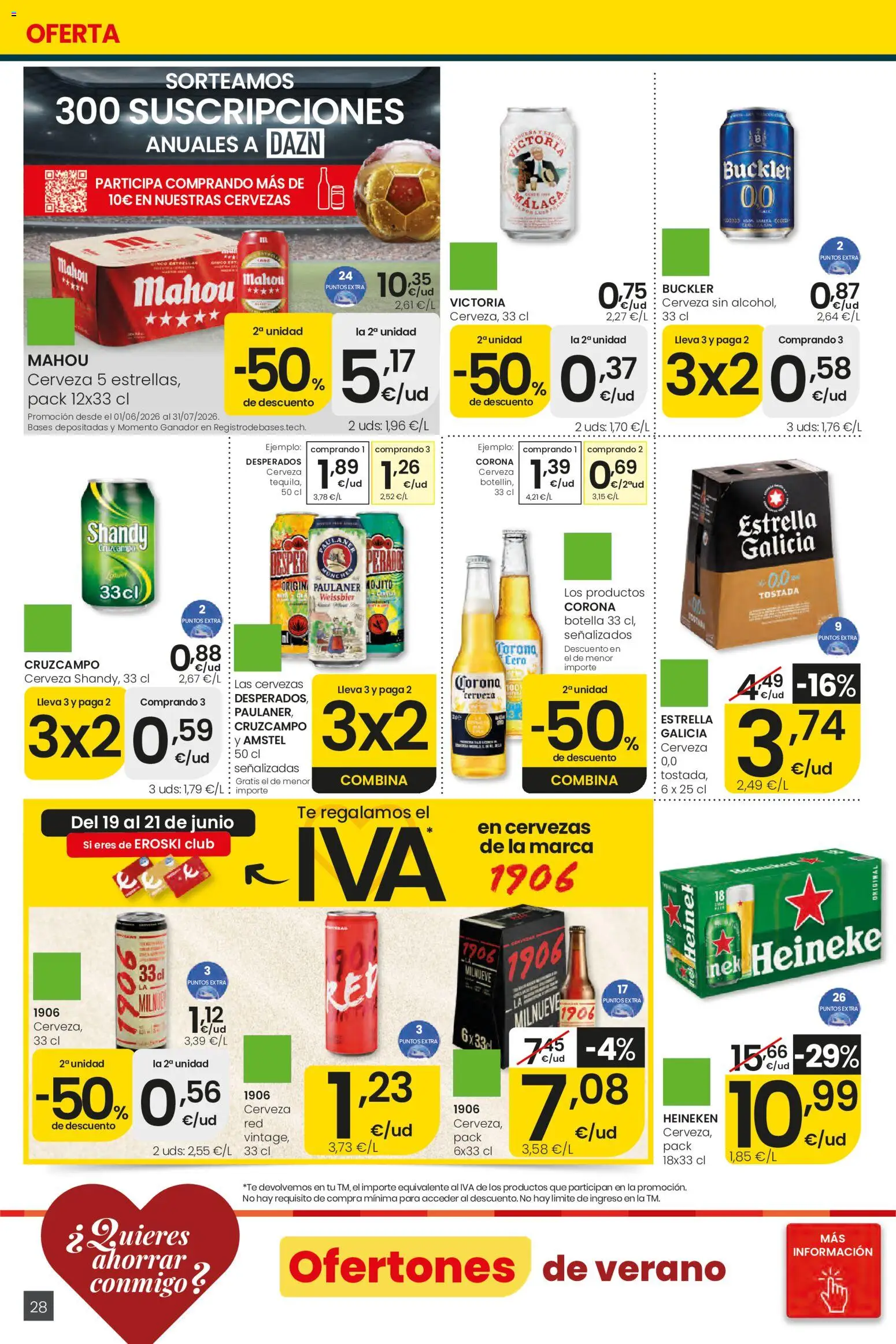 Eroski Ofertones de verano │ válido desde el 11.06.2026 | Página: 28 | Productos: Cerveza, Té, Παρμεζάνα, Σπανάκι
