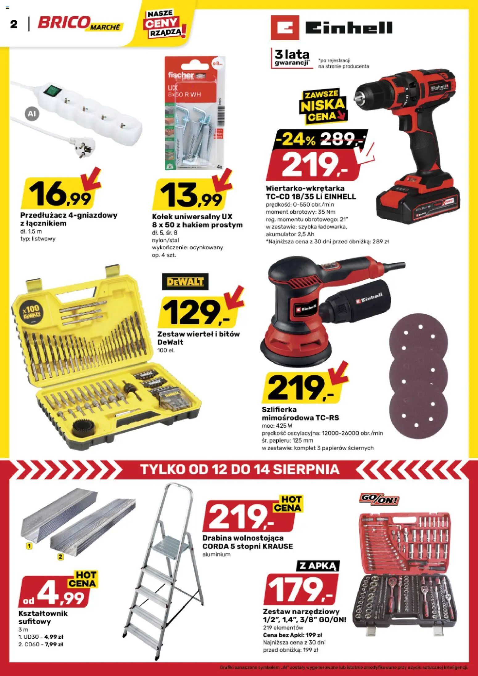 Brico Marché gazetka od 12.08.2026 | Strona: 2 | Produkty: Drabina, Przedłużacz, Szlifierka