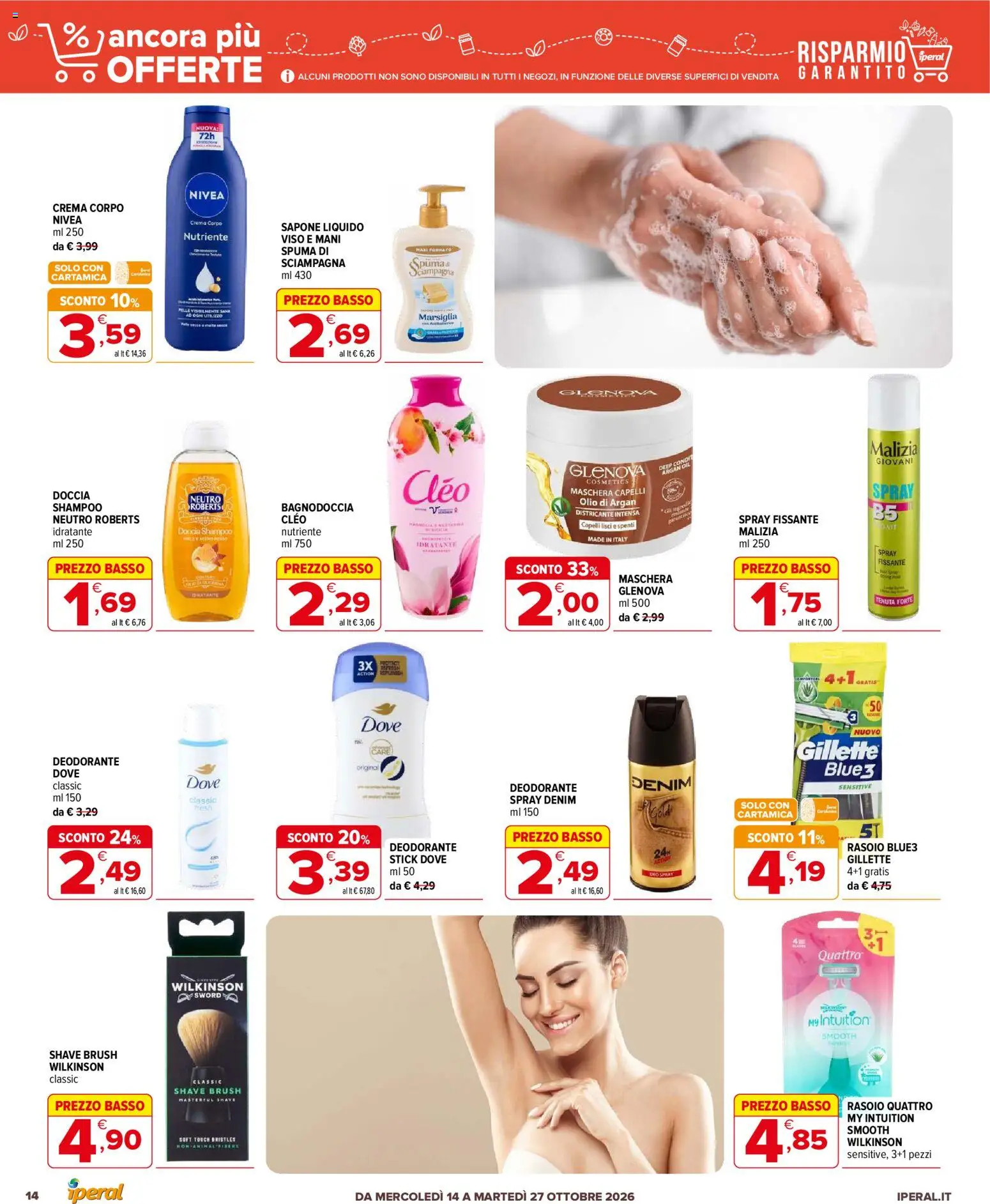 Volantino Iperal del 14/10/2026 | Pagina: 14 | Prodotti: Shampoo, Crema, Sapone, Deodorante