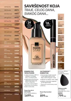 Power Stay 24-H tečni puder, Nežna formula sa SPF 15 zaštitom, ne isušuje kožu, ne zatvara pore. Dugotrajna ali prozračna pokrivenost koja traje tokom celog dana. Osnažen niacinamidom. - pregled AVON kataloga - važi od 01.05.2026 | Strana: 56 | Proizvode: Tečni puder, Korektor, Puder