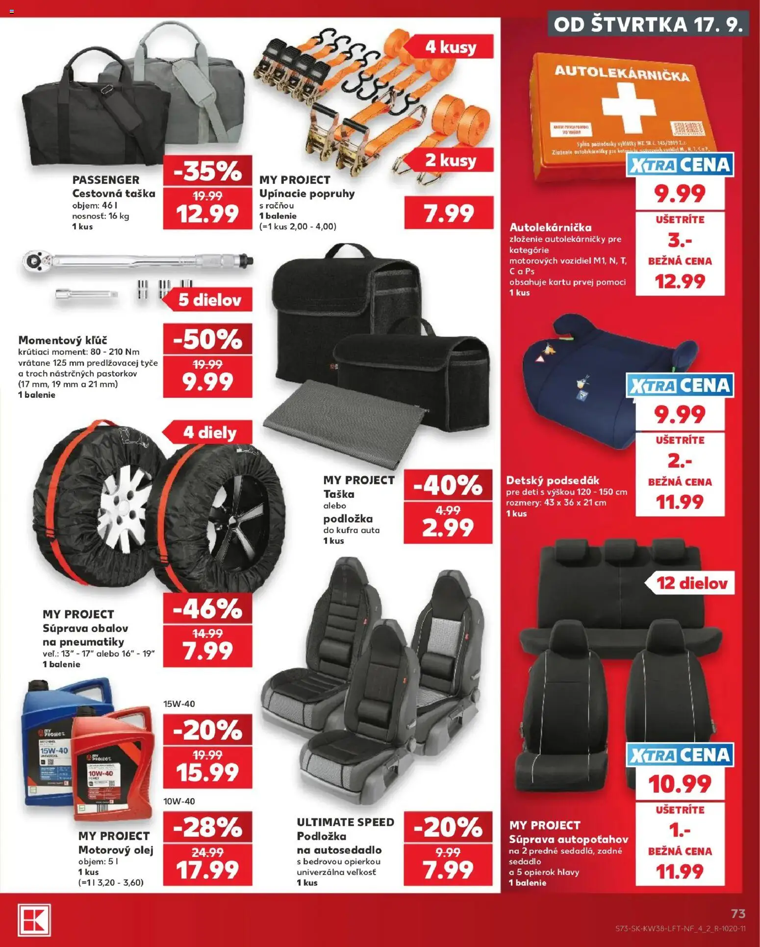 Nové Kaufland akcie – leták je platný od 17.09.2026 | Strana: 73 | Produkty: Olej, Cestovná taška, Autolekárnička, Taška