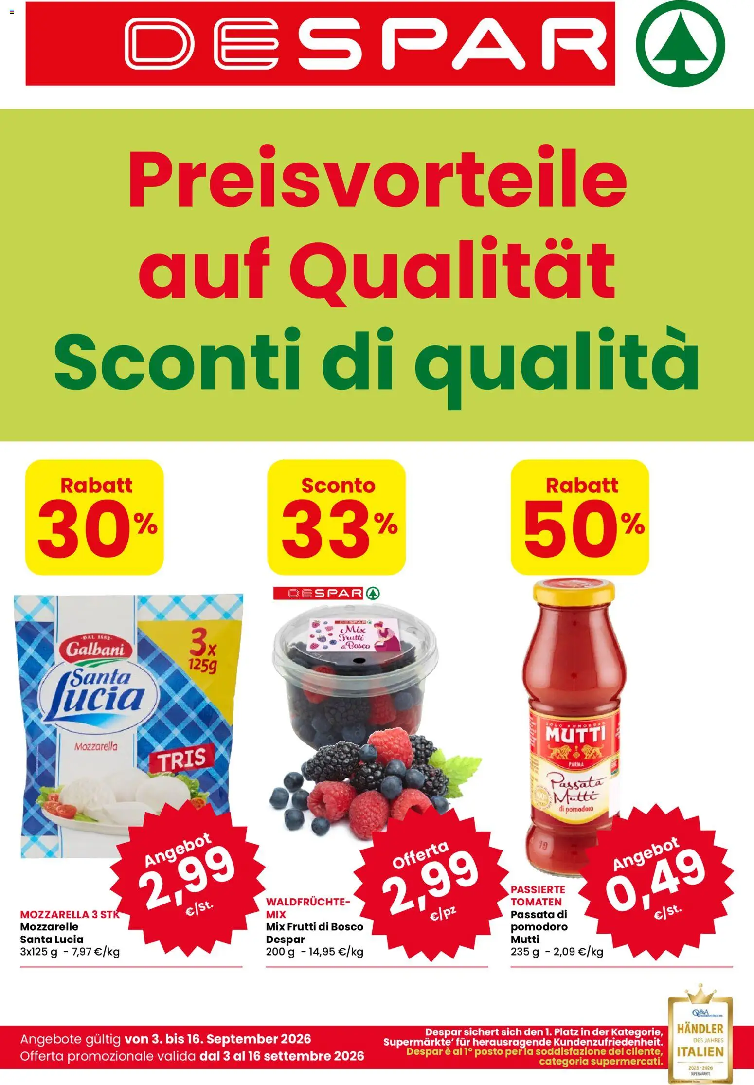 Volantino Despar del 03/09/2026 | Pagina: 1 | Prodotti: Frutti di bosco, Pomodoro, Passata di pomodoro, Mutti