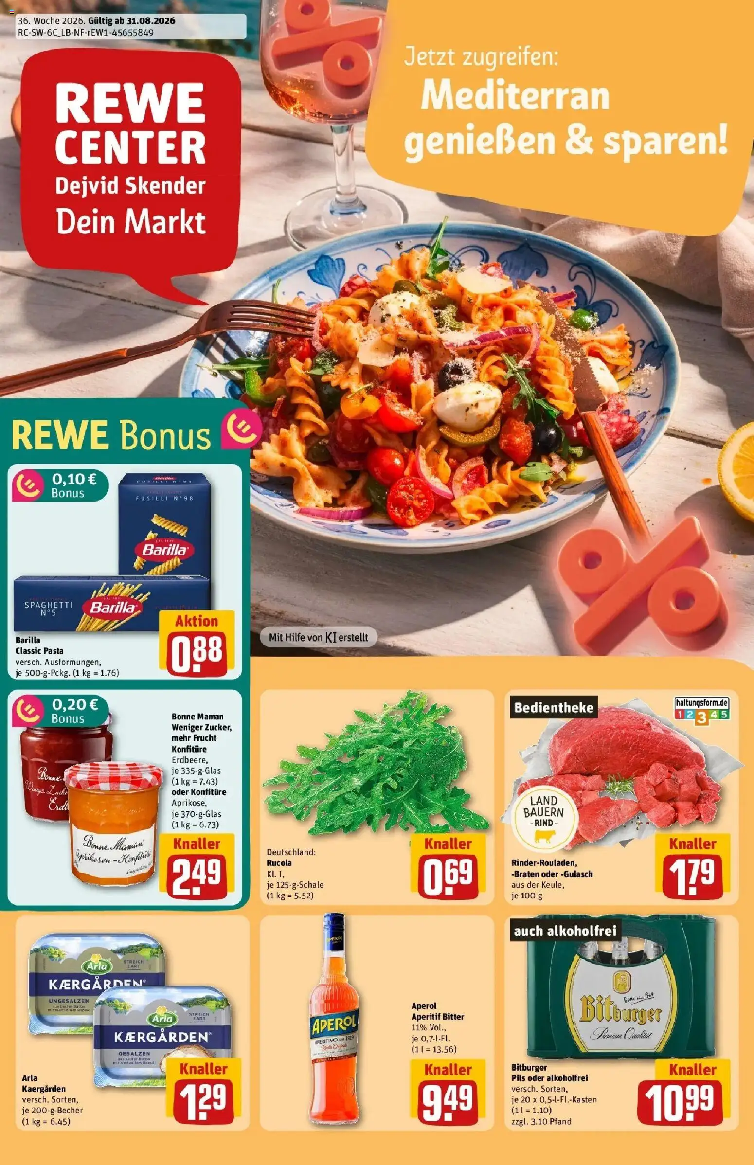 REWE Prospekt ab 31.08.2026 zum Blättern » Angebote | Seite: 1 | Produkte: Butter, Rucola, Pils, Aperol