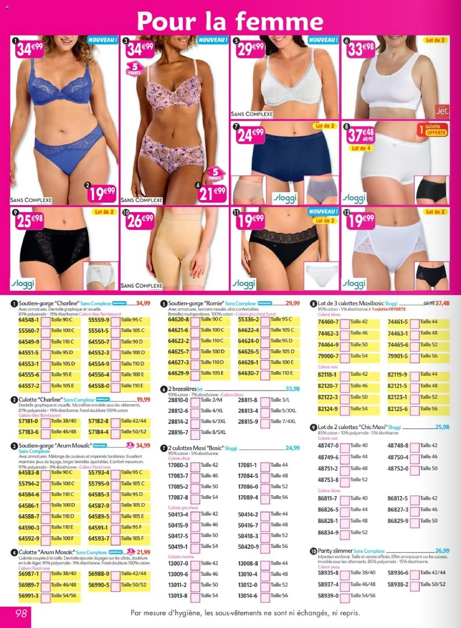 {H1} | Page: 98 | Produits: Moules, Coton, Jeux, Culotte