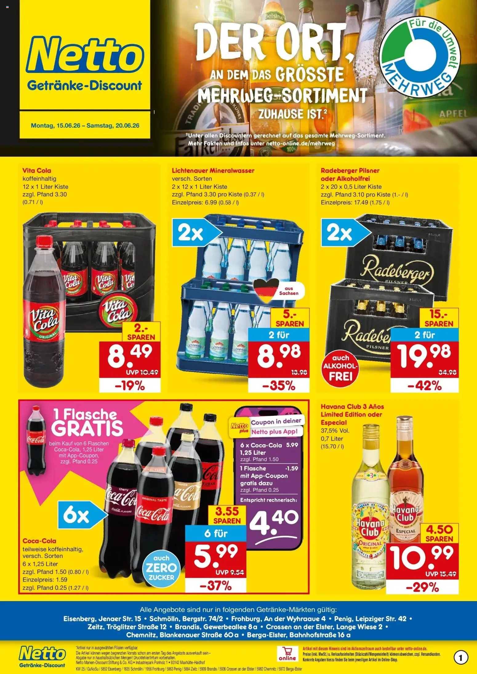 Netto Marken-Discount Prospekt Schmölln – gültig ab 15.06.2026 | Seite: 1 | Produkte: Cola, Äpfel, Mineralwasser, Zucker