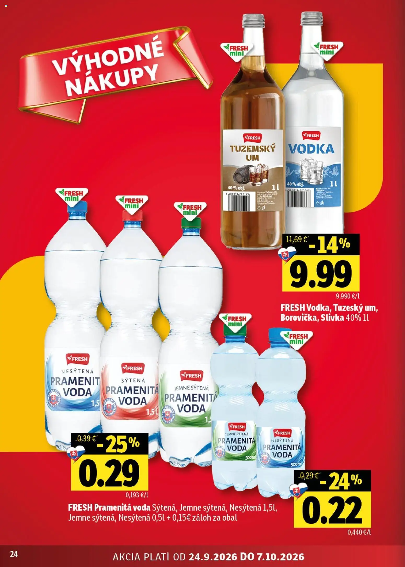 Nové Fresh akcie – leták je platný od 24.09.2026 | Strana: 24 | Produkty: Pramenitá voda, Vodka, Voda