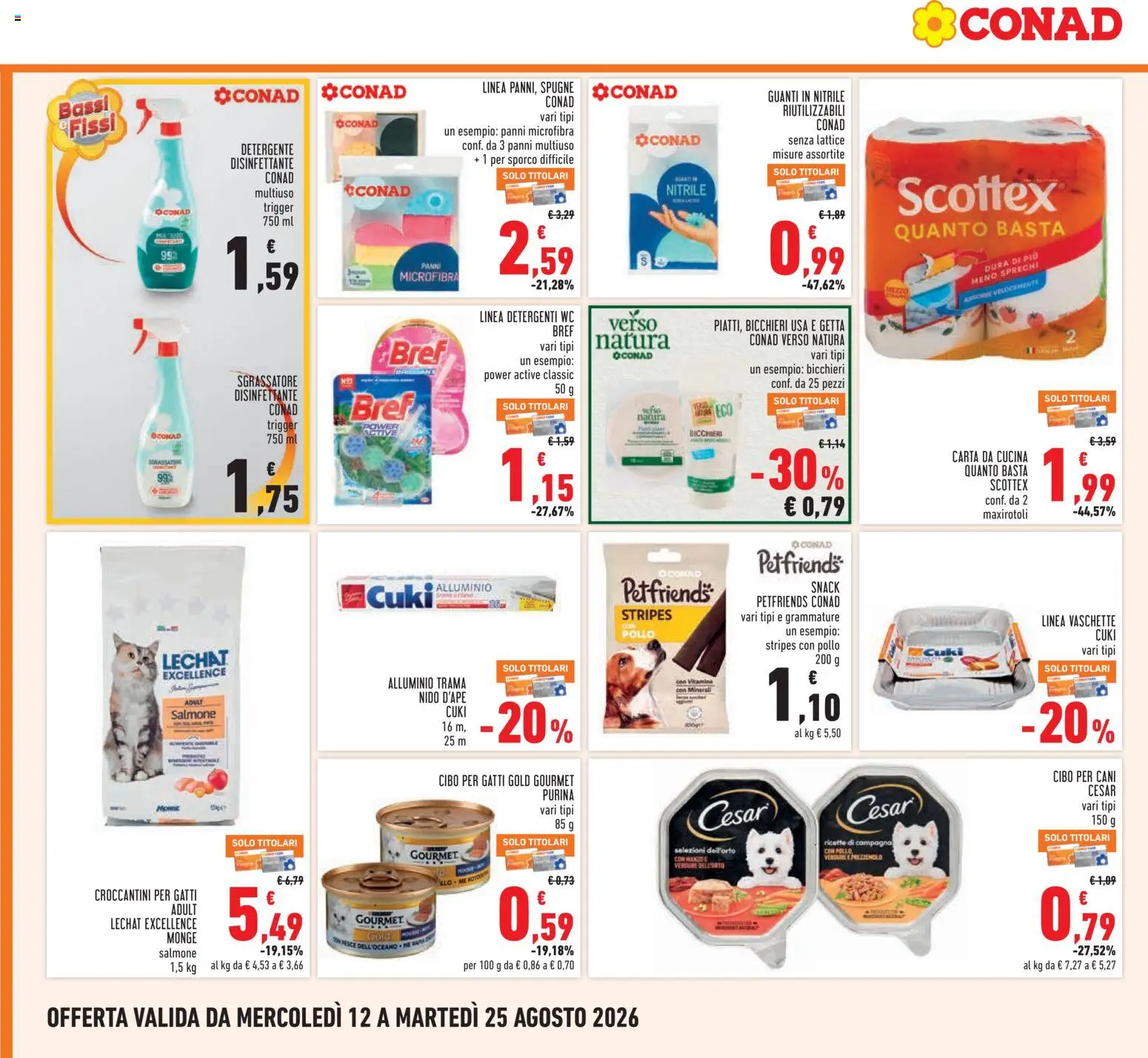 Volantino Conad del 12/08/2026 | Pagina: 18 | Prodotti: Cibo per cani, Panni, WC, Vaschette