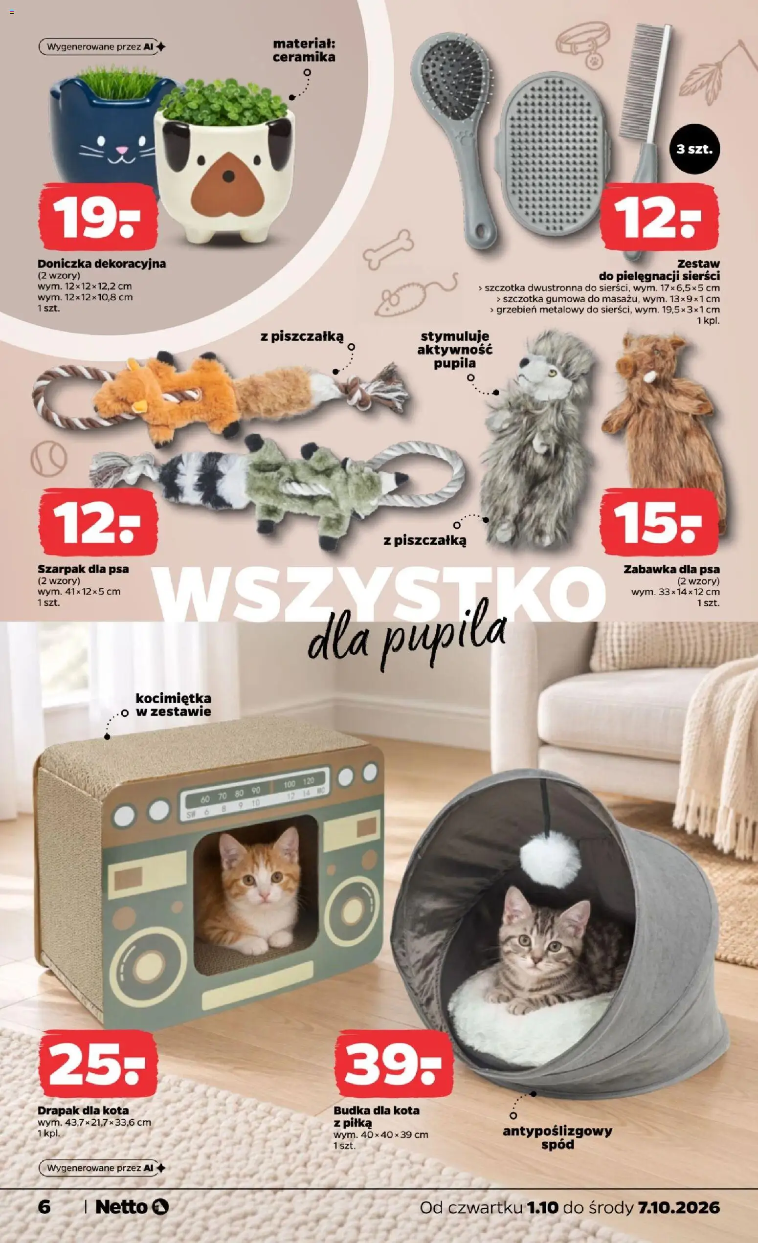 Netto gazetka od czwartku NonFood od 01.10.2026 | Strona: 6 | Produkty: Zabawka dla psa, Szczotka, Drapak dla kota, Grzebień