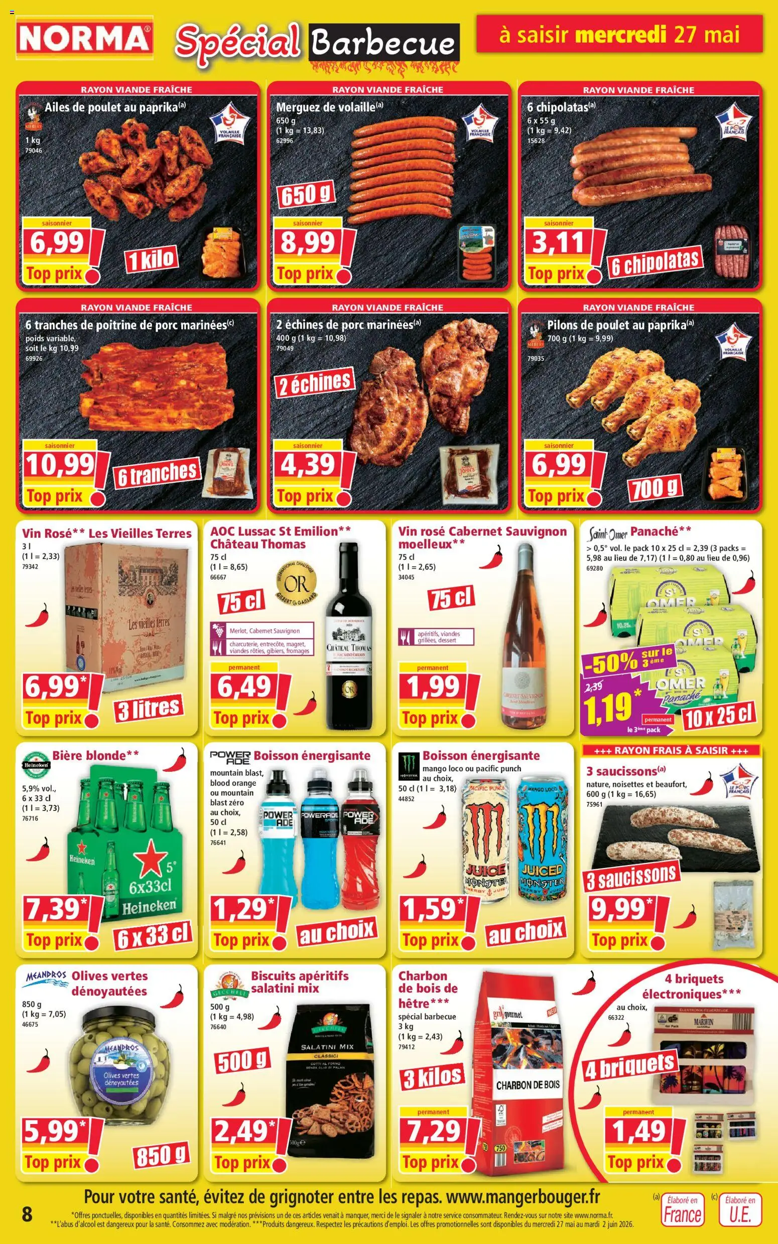 {H1} | Page: 8 | Produits: Gril, Merguez, Vin, Heineken