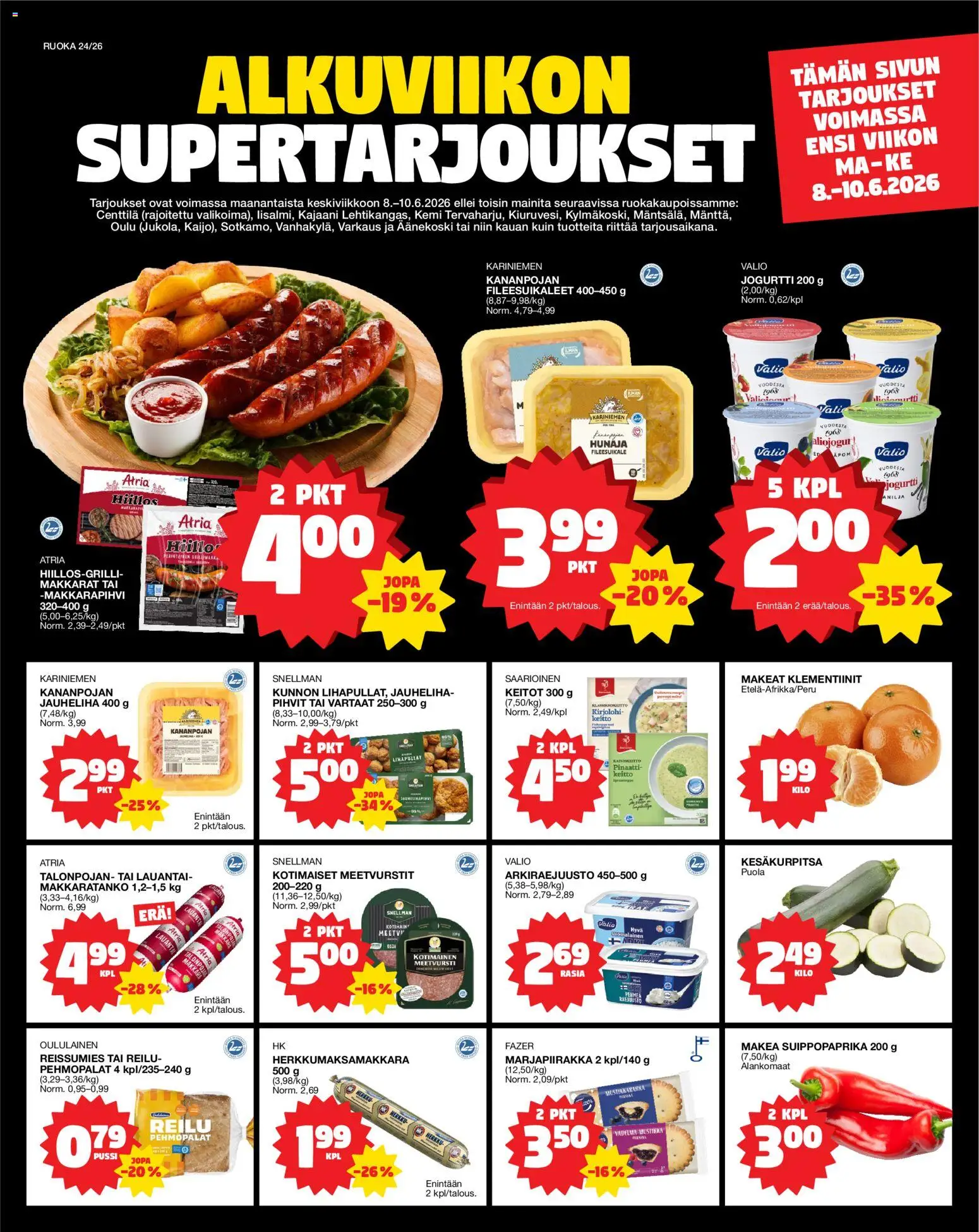 Tokmanni ruokatarjoukset – voimassa 08.06.2026 alkaen | Sivu: 1 | Tuotteet: Vartaat, Keitto, Jogurtti, Hunaja