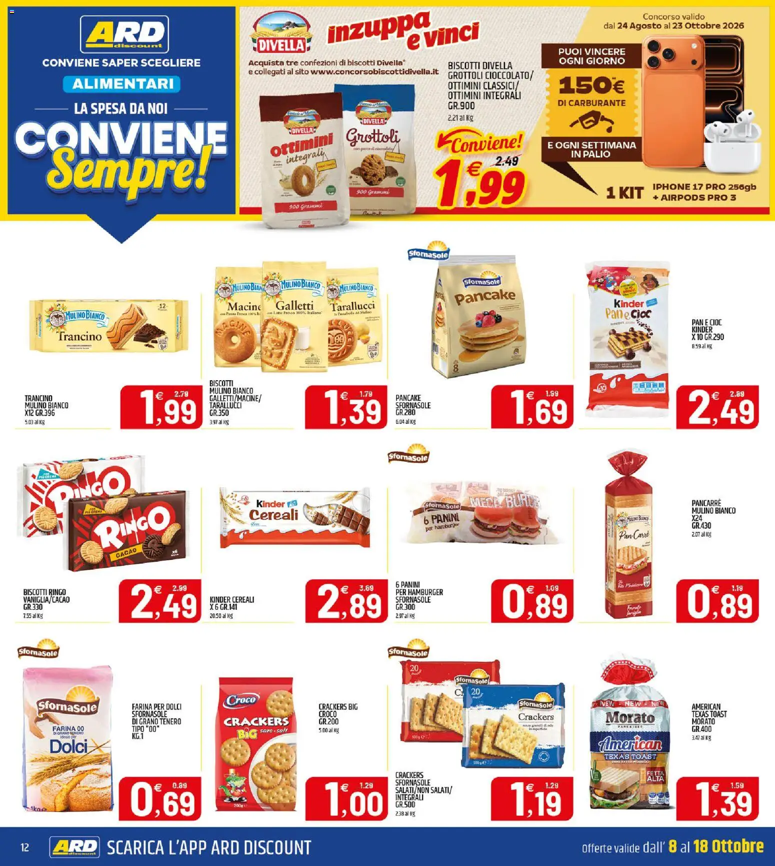 Volantino ARD Discount del 08/10/2026 | Pagina: 12 | Prodotti: Divella, Dolci, Cacao, Hamburger
