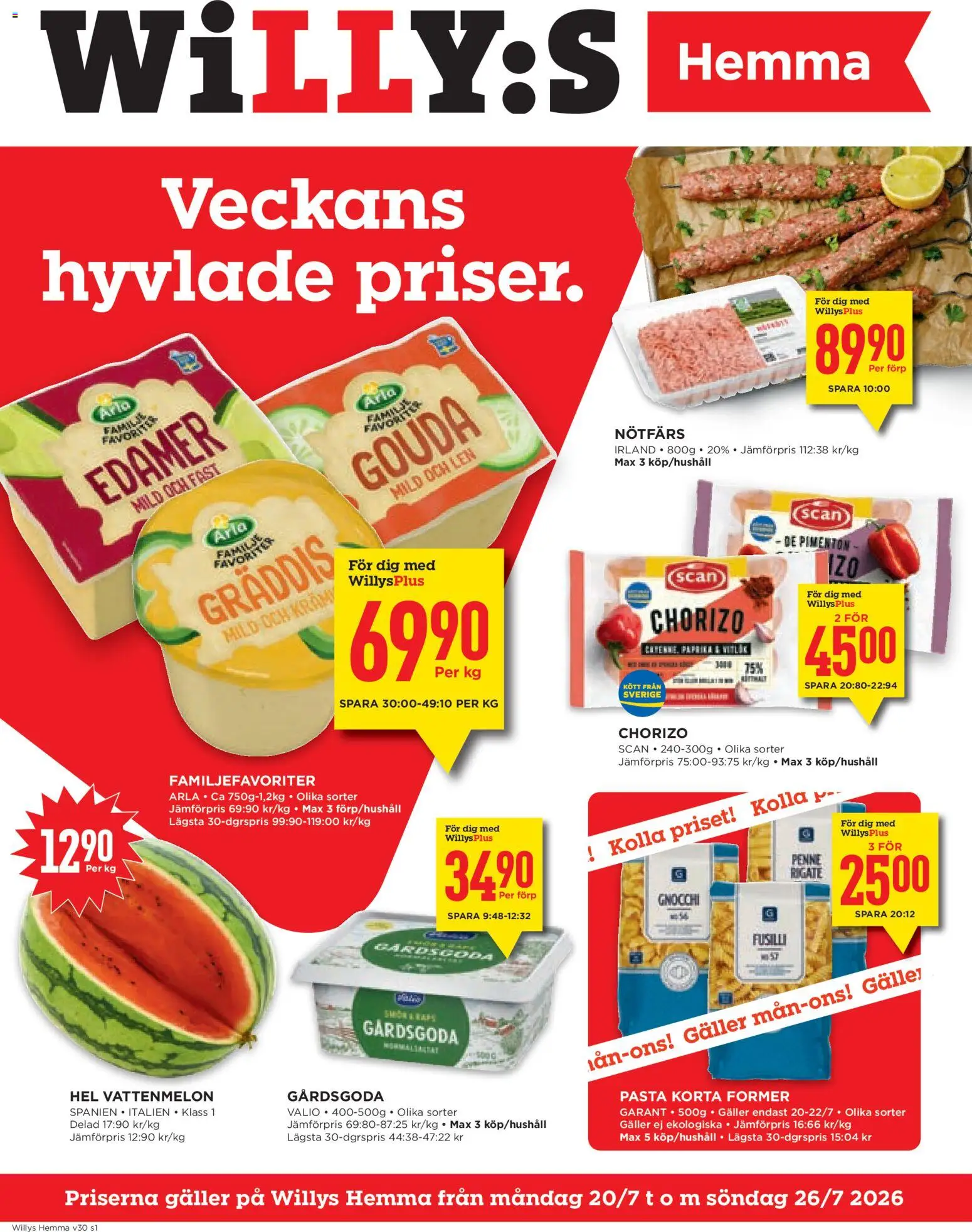 Willys reklamblad aktuell från 20/07/2026 | Sida: 1 | Produkter: Nötfärs, Galler, Vattenmelon, Pasta