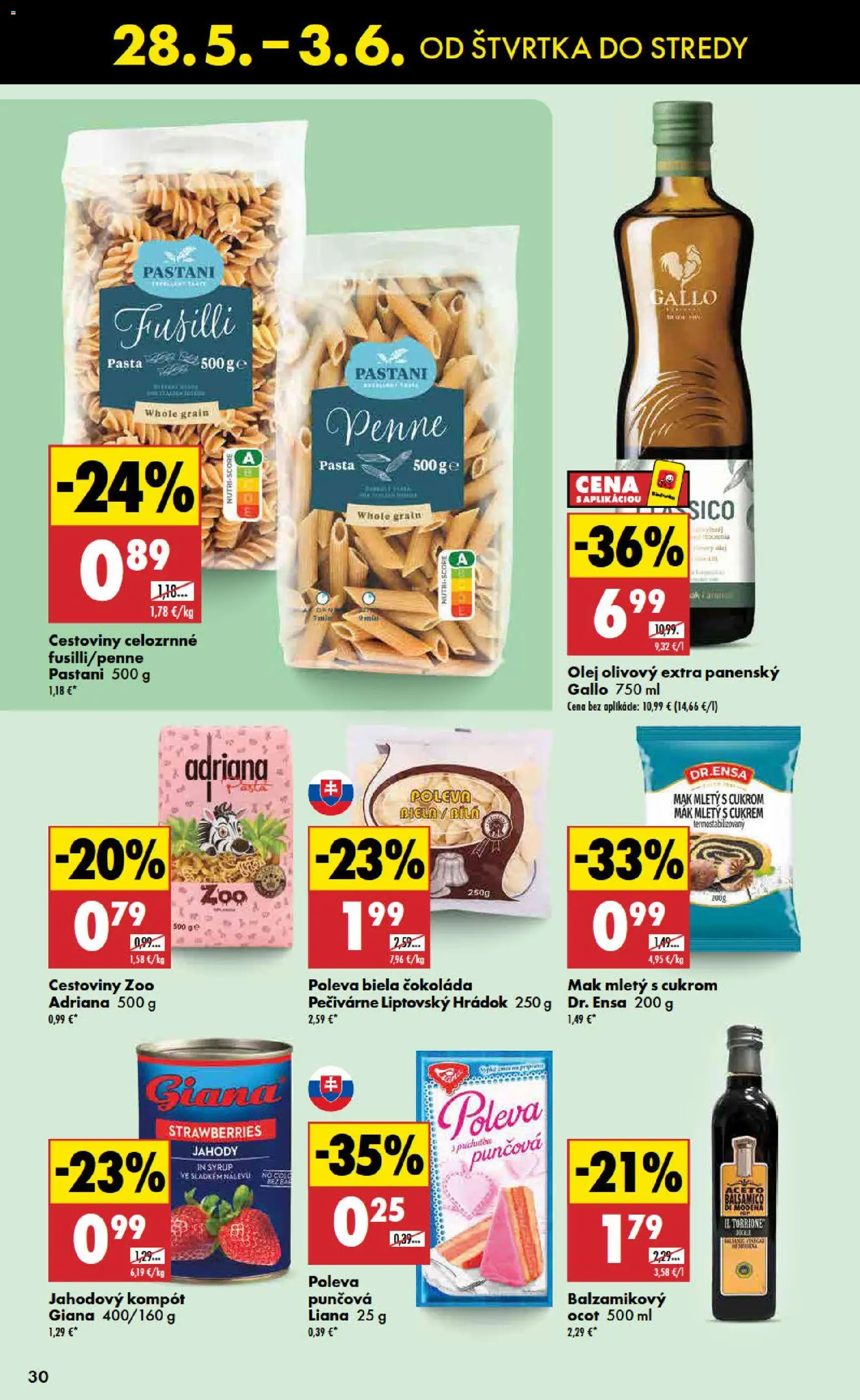 Nové Biedronka akcie – leták je platný od 28.05.2026 | Strana: 30 | Produkty: Fusilli, Čokoláda, Jahody, Ocot