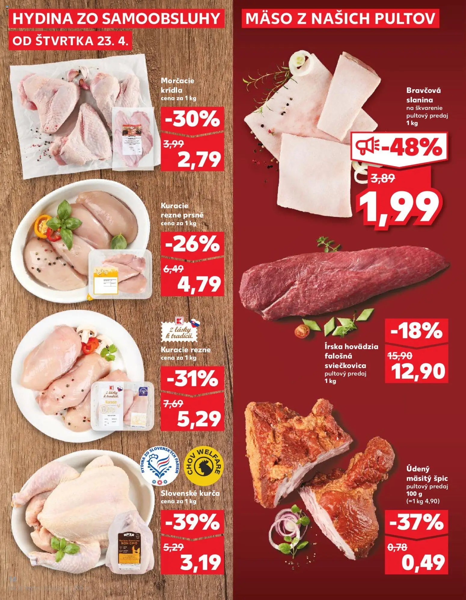 Nové Kaufland akcie – leták je platný od 23.04.2026 | Strana: 14 | Produkty: Slanina, Kuracie rezne, Kurča