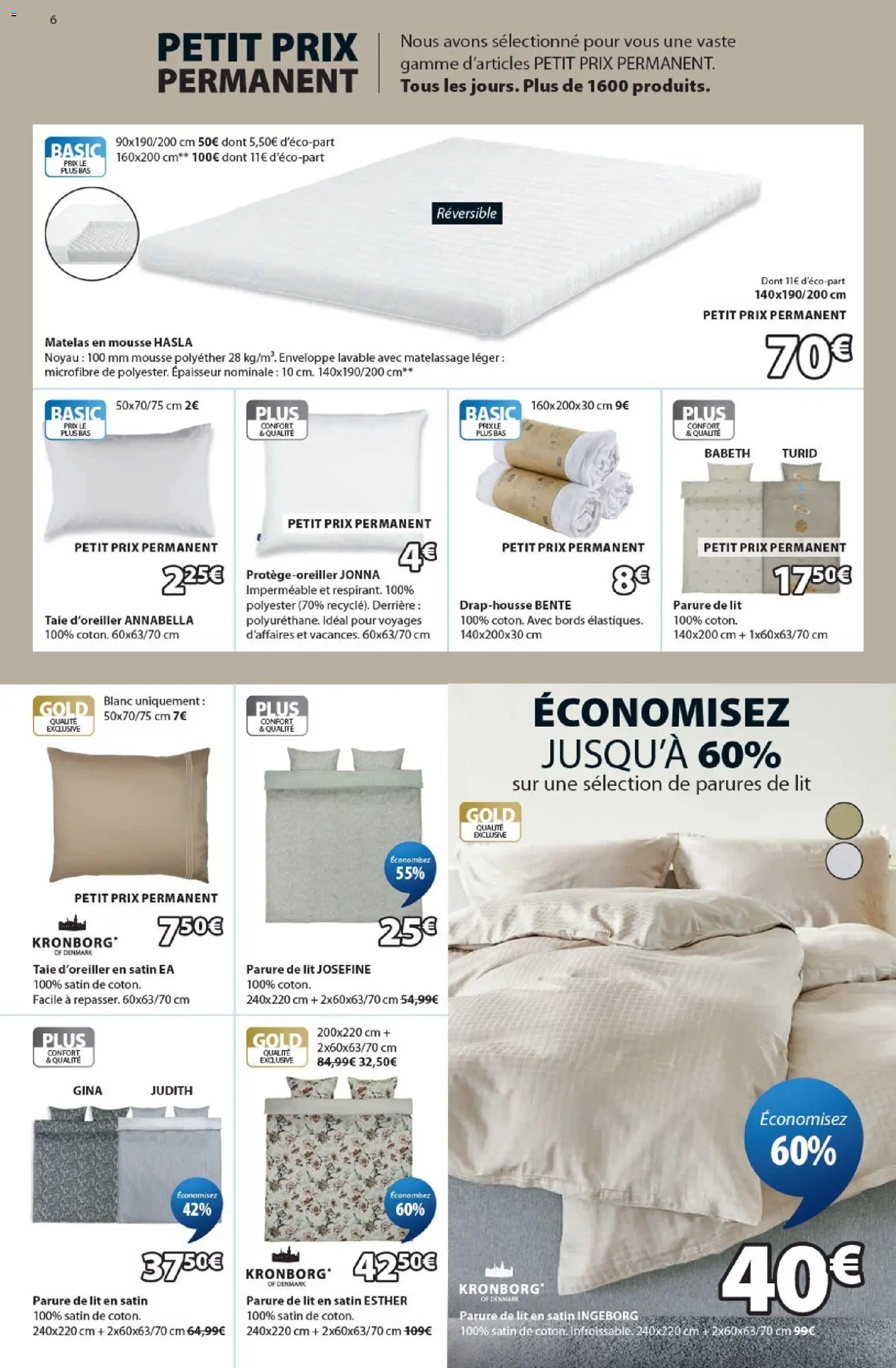 {H1} | Page: 6 | Produits: Taie d'oreiller, Enveloppe, Mousse, Matelas