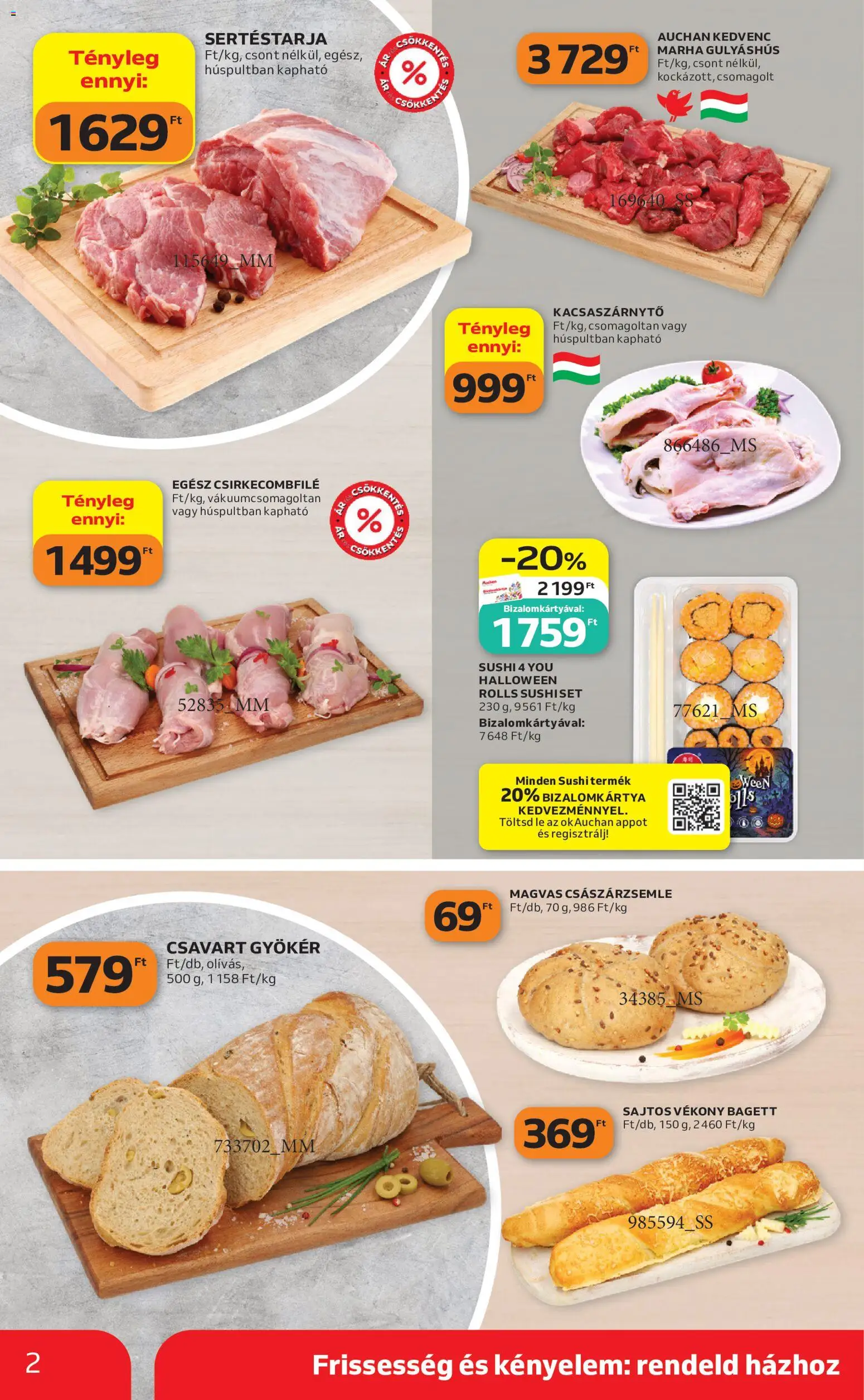 Auchan akciós ujság - amely érvényes a következő dátumtól: 2026.10.29. | Oldal: 2 | Termékek: Bagett, Lé, Csirkecombfile, Baguette