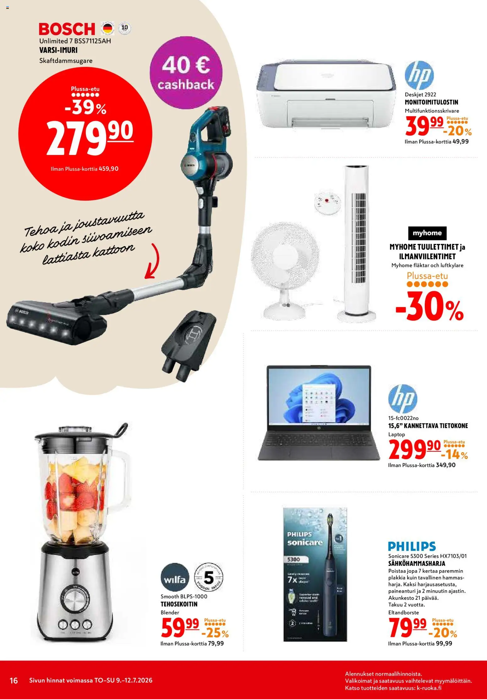 K-Citymarket tarjoukset – voimassa 09/07/2026 alkaen | Sivu: 16 | Tuotteet: Sähköhammasharja, Monitoimitulostin, Tehosekoitin, Tietokone