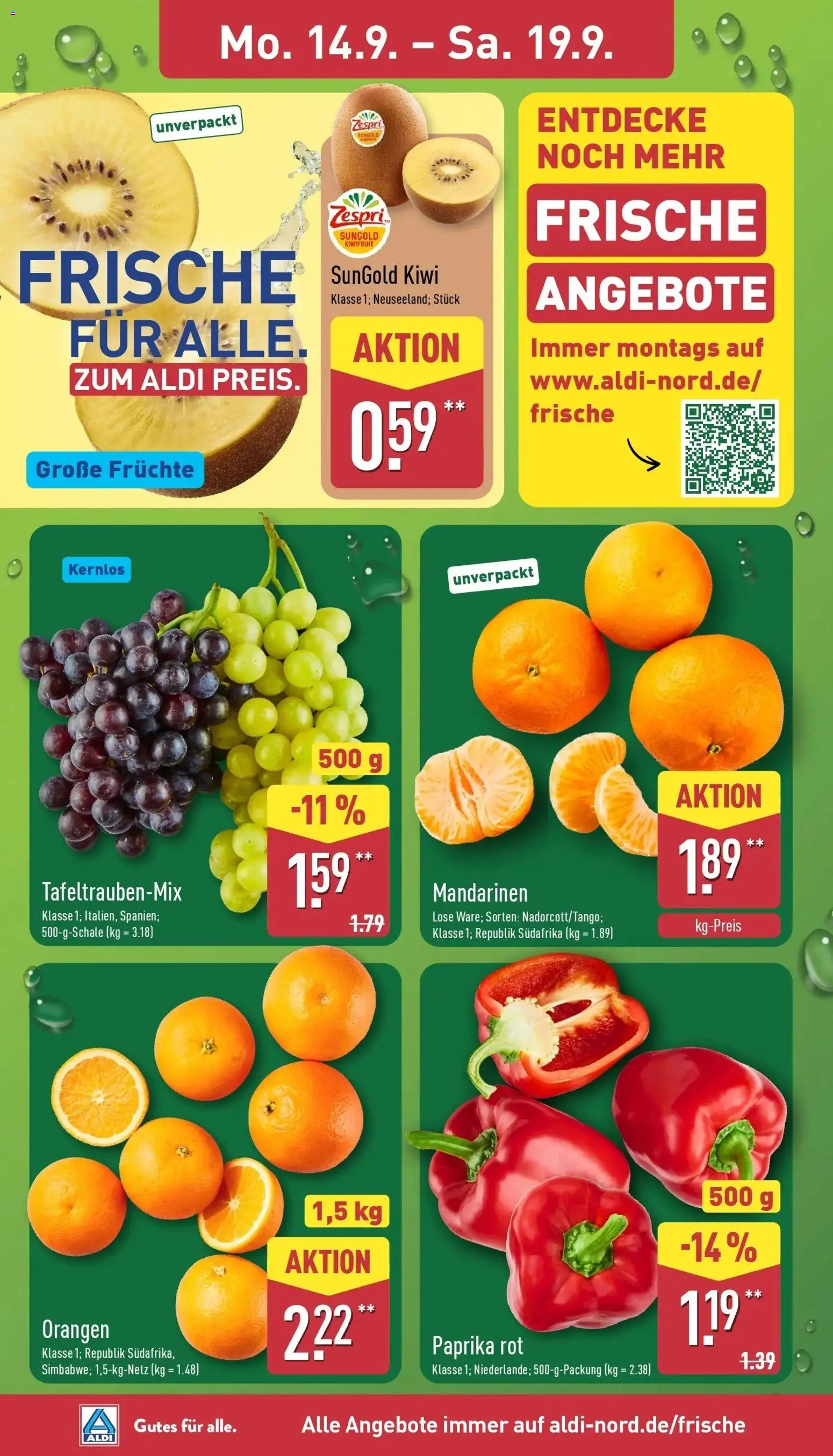 Aldi Aktueller Prospekt (ab 15.09.2026) » Angebote Online | Seite: 2 | Produkte: Paprika rot, Mandarinen, Paprika, Kiwi