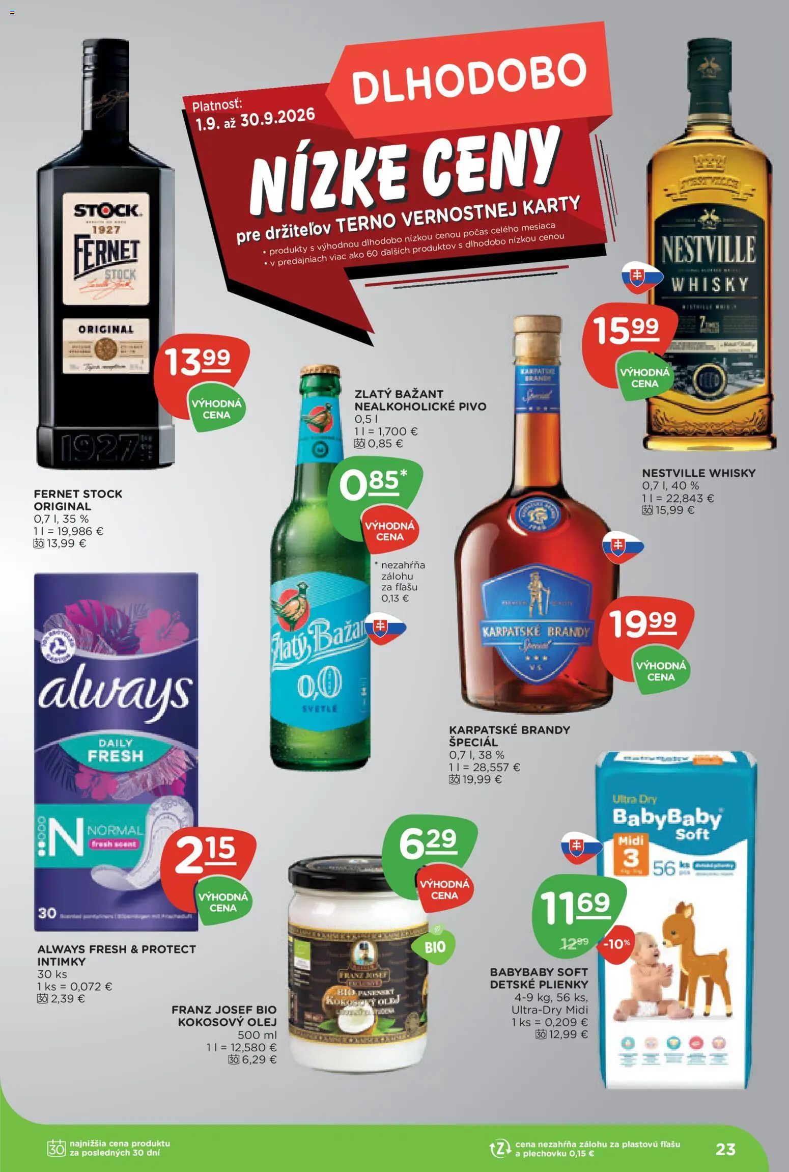 Nové Terno akcie – leták je platný od 10.09.2026 | Strana: 23 | Produkty: Karpatské brandy, Zlatý Bažant, Fernet, Nealkoholické pivo