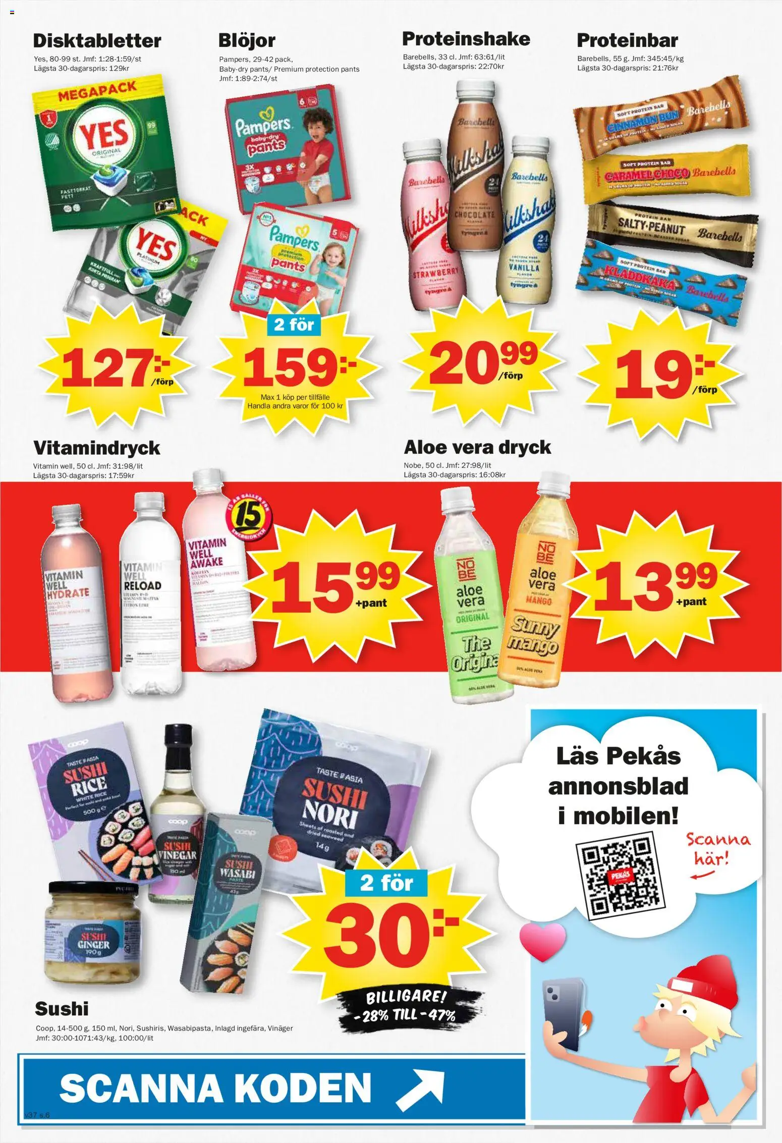 Pekås reklamblad aktuell från 07/09/2026 | Sida: 6 | Produkter: Sushi, Kladdkaka, Blöjor, Protein
