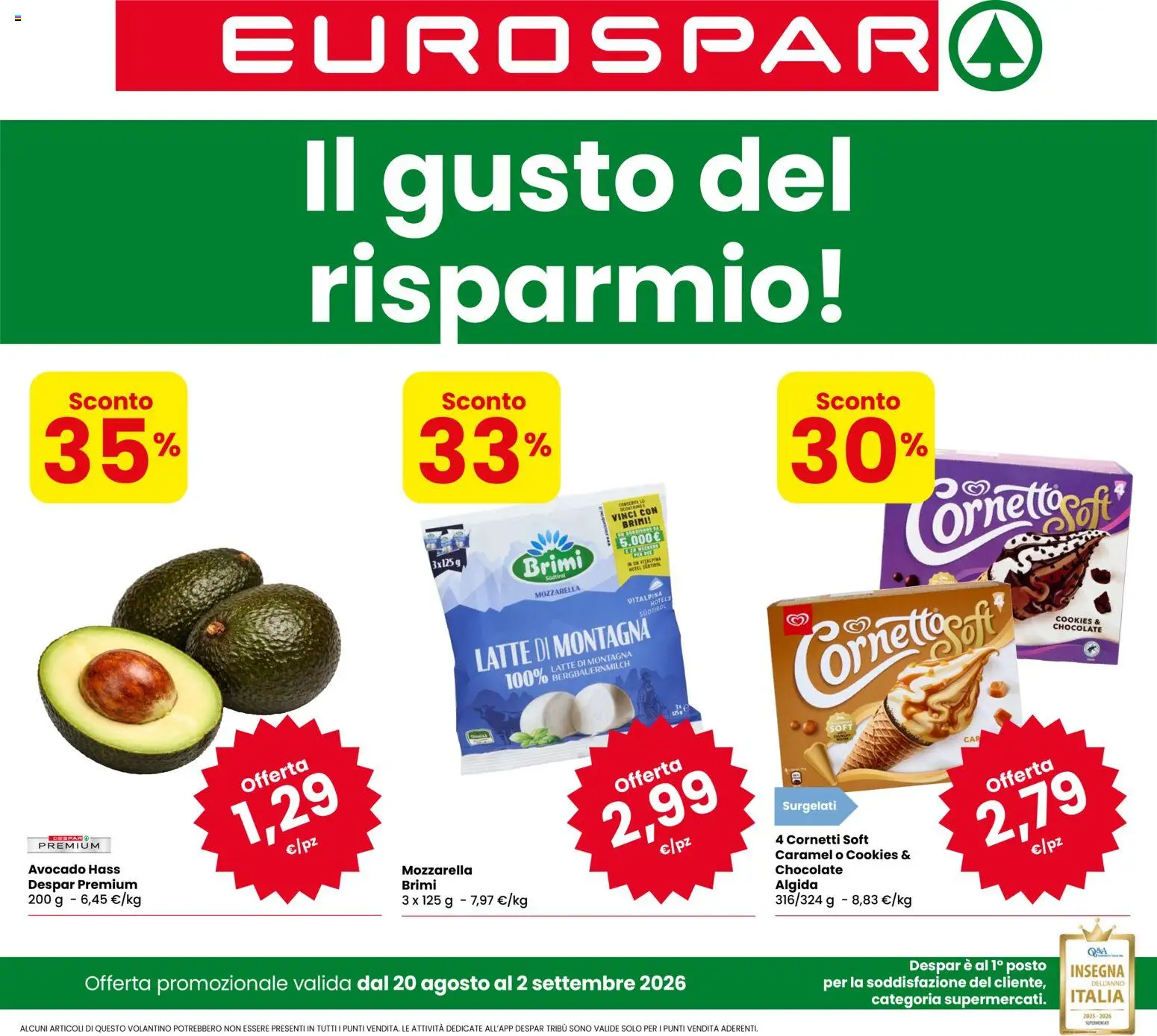 Volantino Eurospar del 20/08/2026 | Pagina: 1 | Prodotti: Avocado, Mozzarella, Latte, Conserve