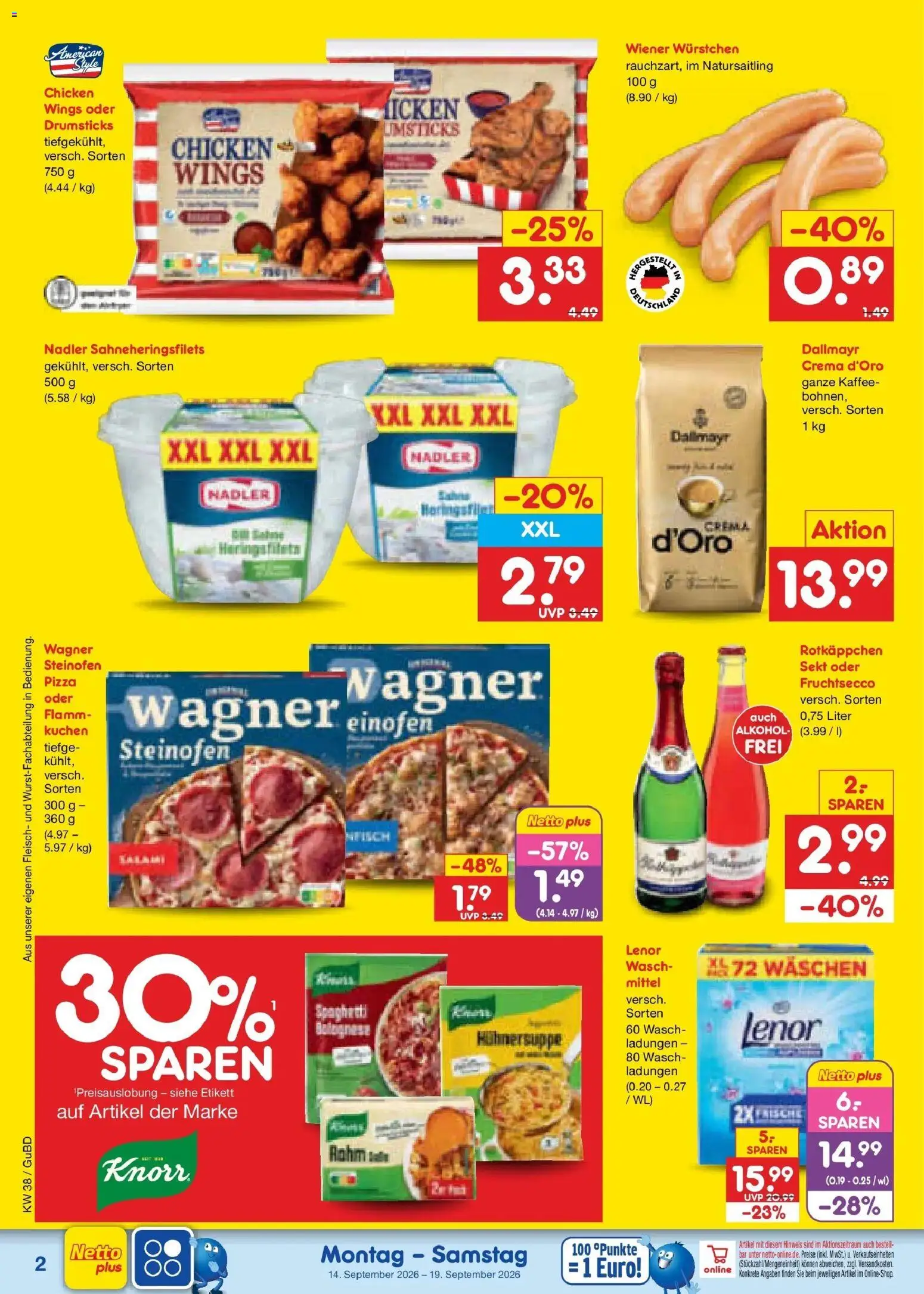 Netto Marken-Discount Prospekt Augustusburg – gültig ab 14.09.2026 | Seite: 2 | Produkte: Spaghetti, Rotkäppchen, Pizza, Kuchen