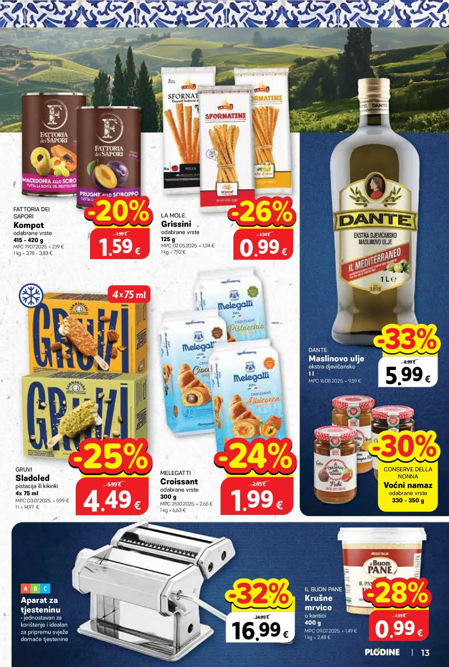 Plodine katalog | vrijedi od 15.04.2026 | Stranica: 13 | Proizvodi: Maslinovo ulje, Sladoled, Kompot, Namaz