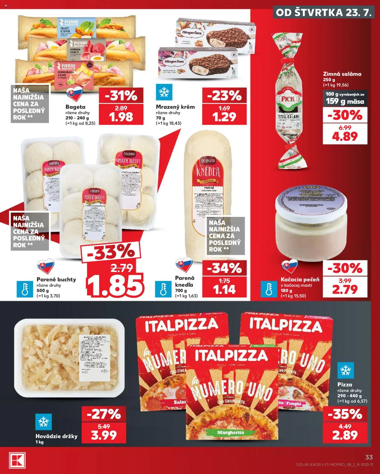 Nové Kaufland akcie – leták je platný od 23.07.2026 | Strana: 33 | Produkty: Saláma, Pizza, Krém