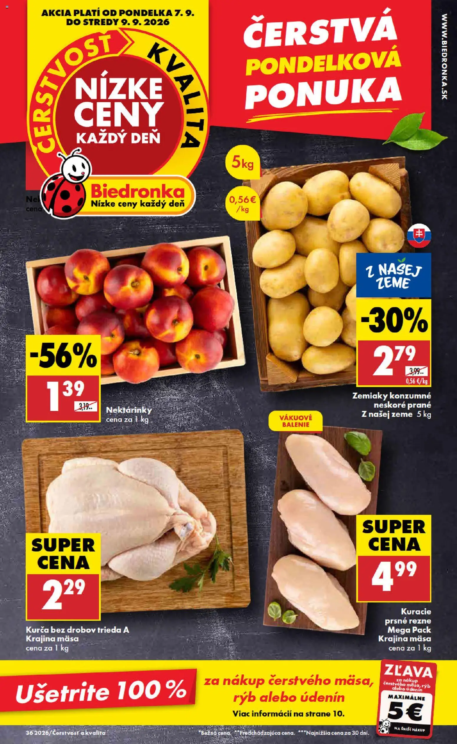 Nové Biedronka akcie – leták je platný od 07.09.2026 | Strana: 1 | Produkty: Prsné rezne, Zemiaky, Kurča, Rezne