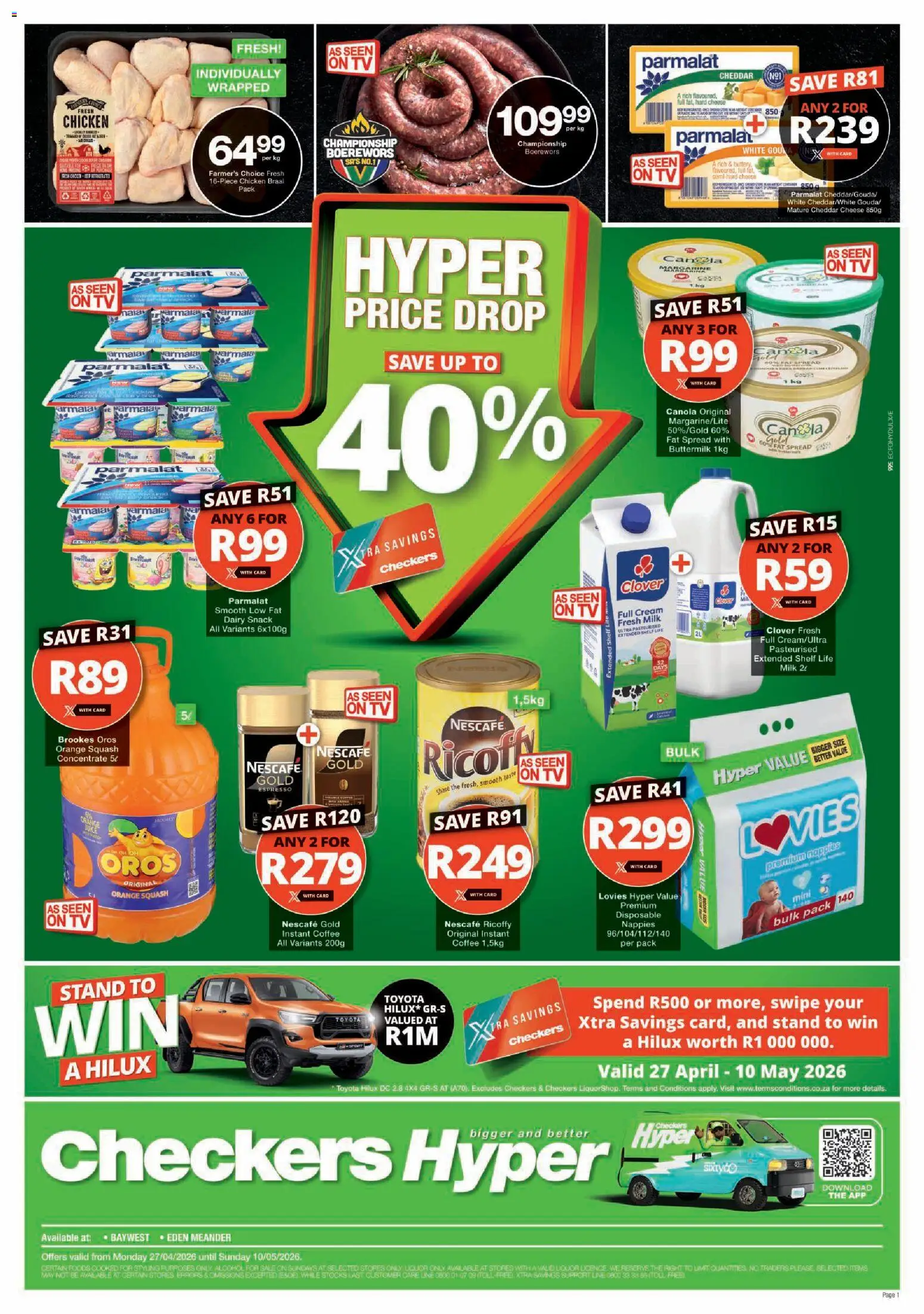 New Checkers catalogue – valid from 27.04.2026 | Page: 1 | Products: Boerewors, Squash, Milk, Cheese